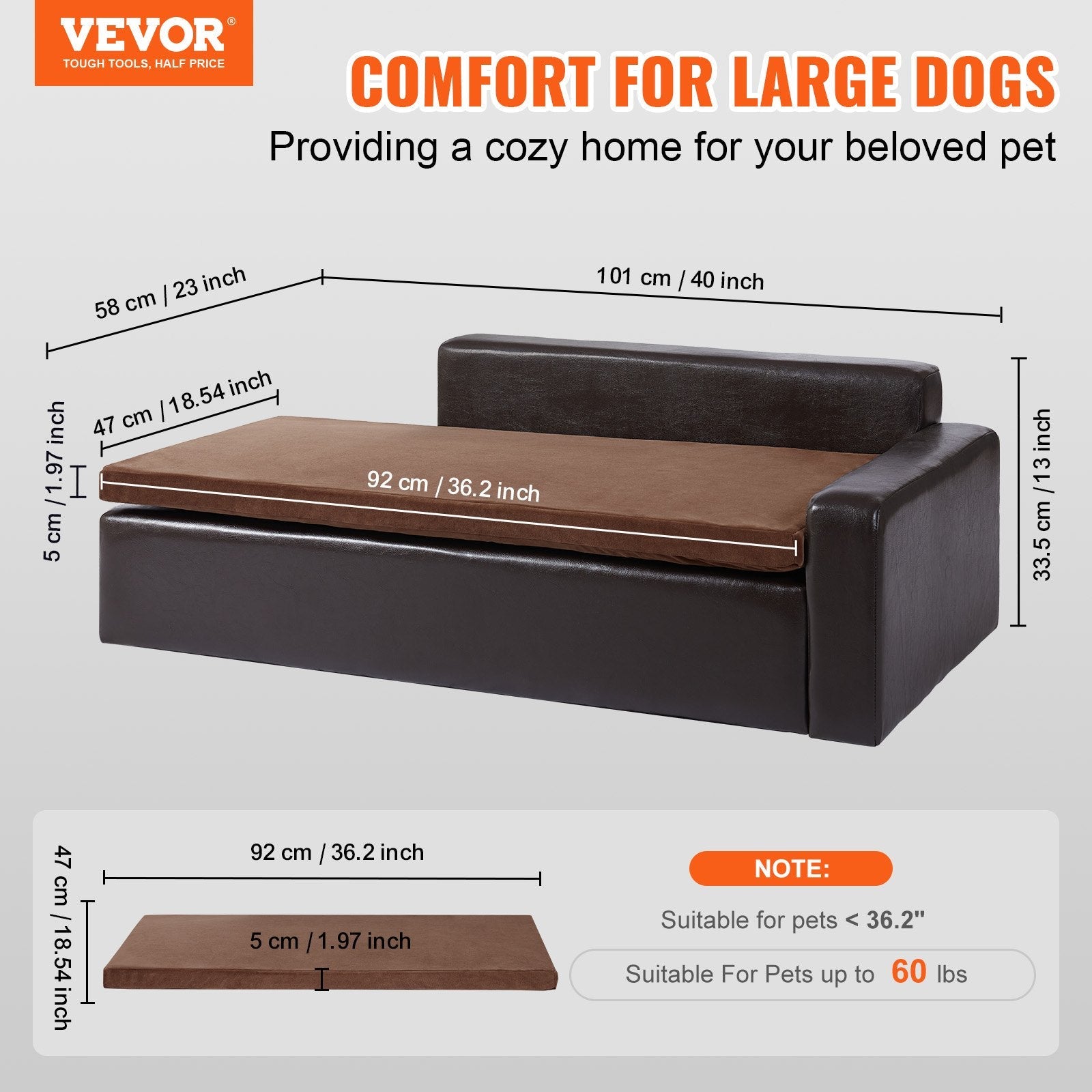 VEVOR Pet Sofa, Dog Couch for Large-Sized Dogs and Cats, Soft Leather Dog Sofa Bed, 110 lbs Loading Cat Sofa, Brown 