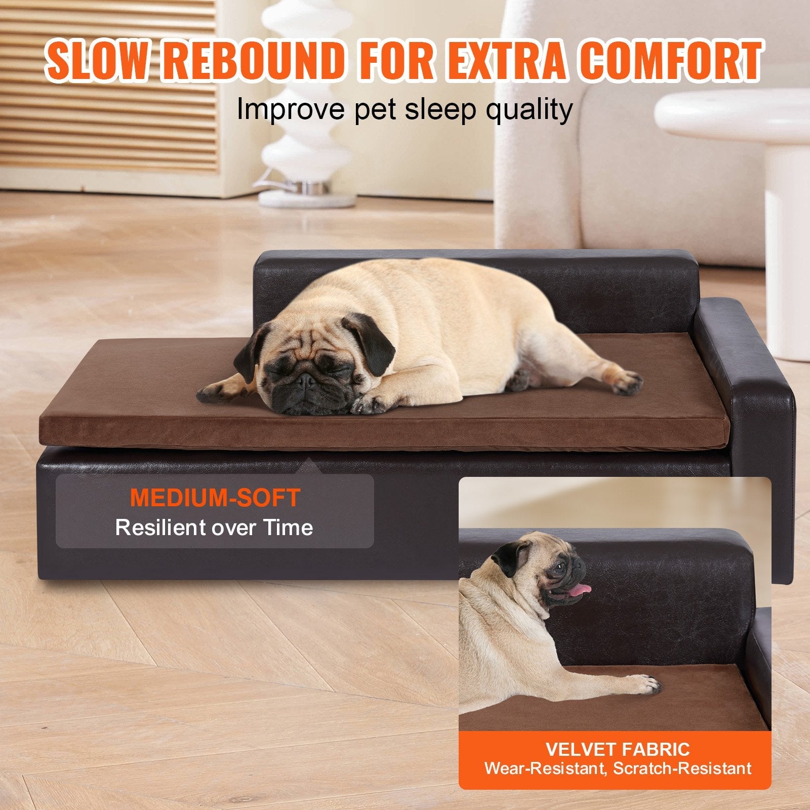 VEVOR Pet Sofa, Dog Couch for Large-Sized Dogs and Cats, Soft Leather Dog Sofa Bed, 110 lbs Loading Cat Sofa, Brown 