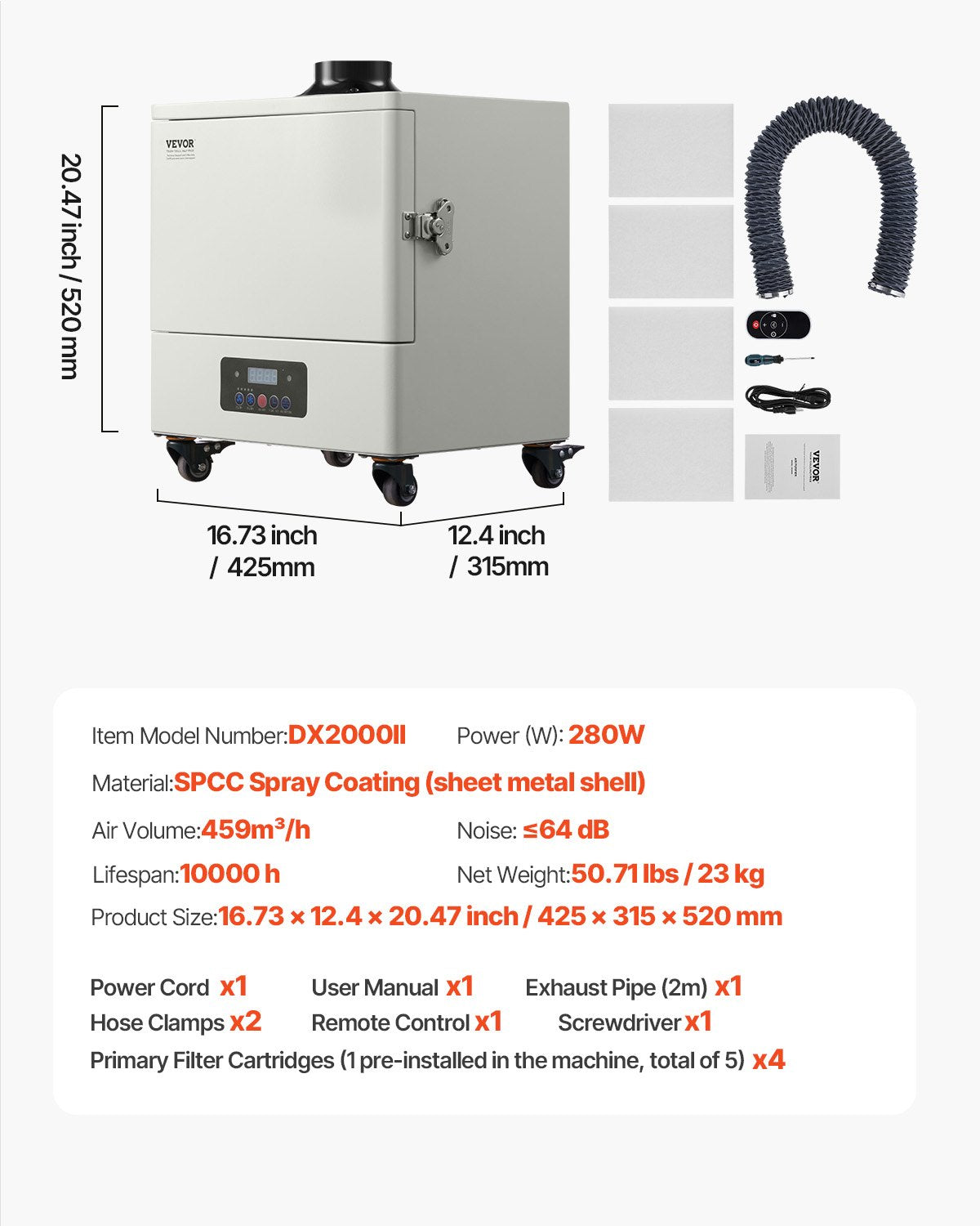 VEVOR Solder Fume Extractor 459 m³/h 280W Brushless Motor with 10 Levels Speed 