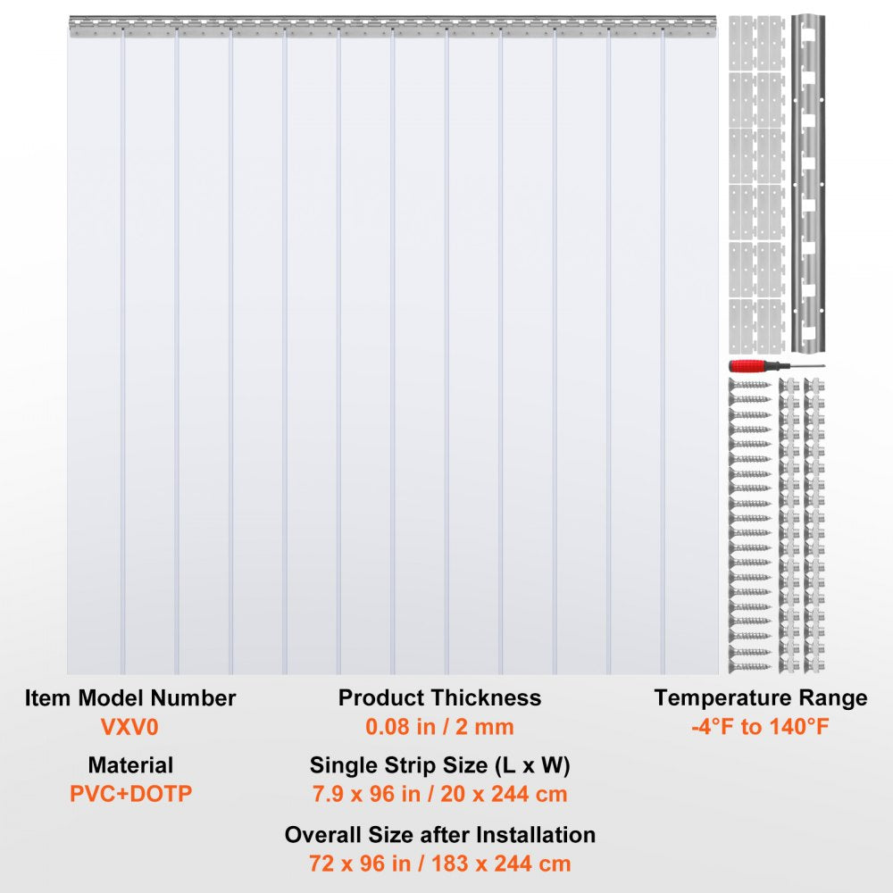 VEVOR Strip Curtain, 96" Height x 72" Width, 0.08" Thickness, 12PCS Clear PVC Strip Door Curtain, Freezer Curtain, Plastic Door Strips for Walk in Freezers, Coolers & Warehouse Doors, with 50% Overlap 