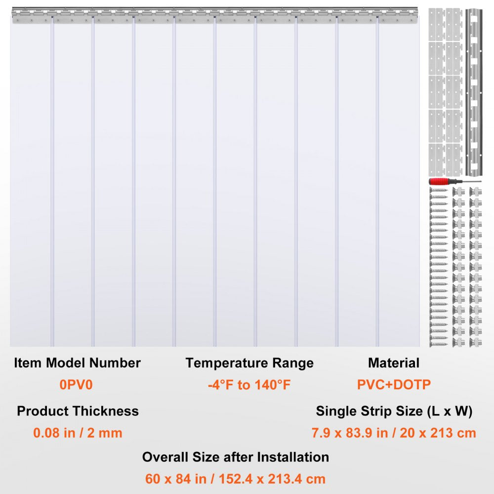 VEVOR Strip Curtain, 84" Height x 60" Width, 0.08" Thickness, 10PCS Clear PVC Strip Door Curtain, Freezer Curtain, Plastic Door Strips for Walk in Freezers, Coolers & Warehouse Doors, with 50% Overlap 