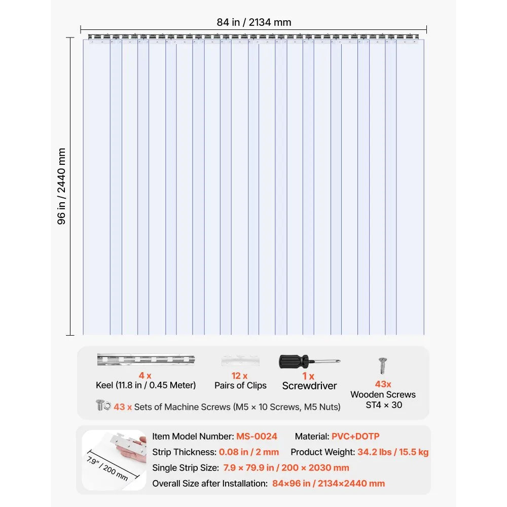 VEVOR Clear PVC Strip Curtain, 96 in Height x 84 in Width x 0.08 in Thickness, 14 PCS Walk in Freezer Cooler Curtain Strips, Smooth Waterproof Plastic Door Strips for Warehouse, Freezer, Garage Doors 