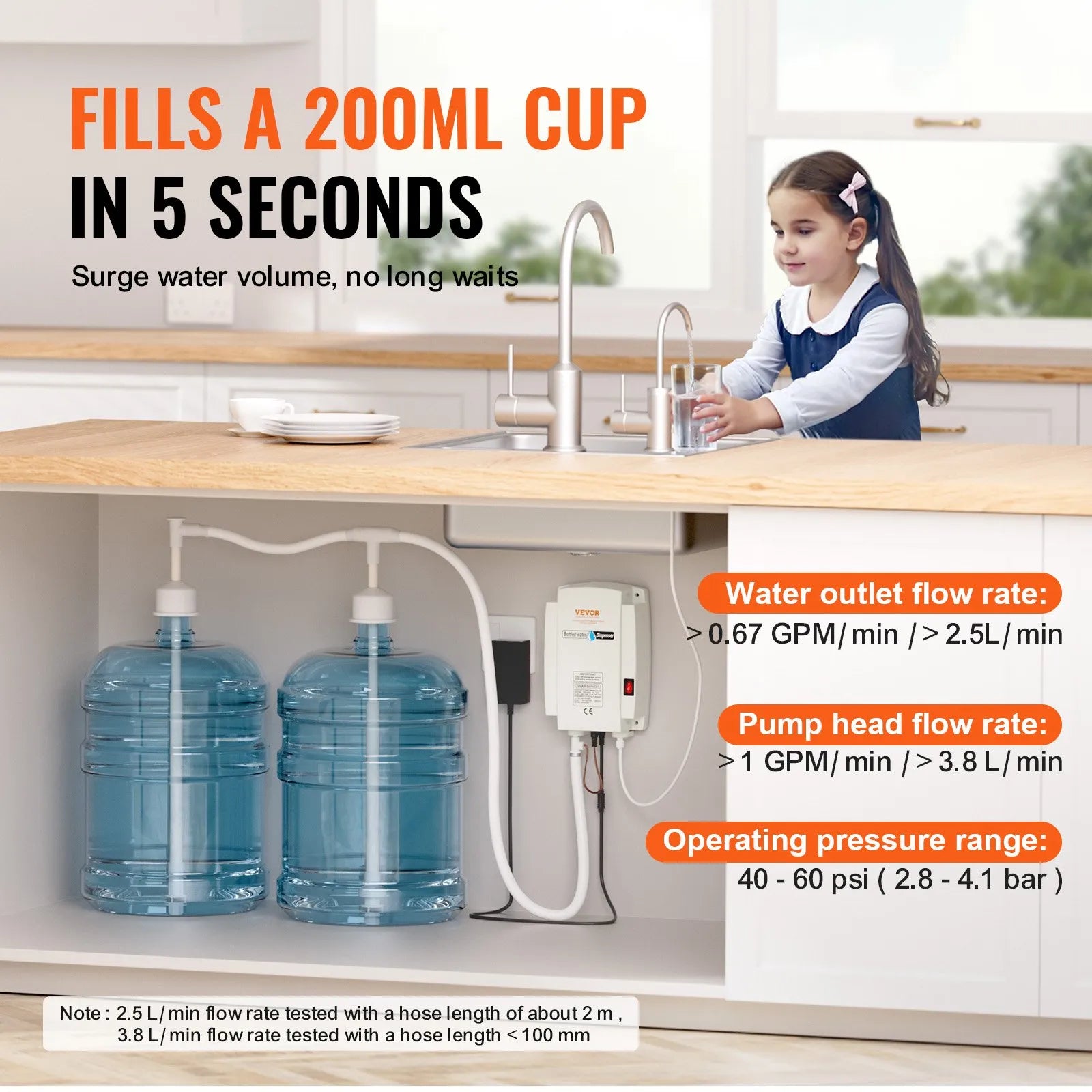 VEVOR Bottled Water Dispenser Pump System, 2x5 Gallon Dispensing System, Automatic Electric Water Dispenser, Double-Pipe Water Jug Pump, Compatible Use with Coffee/Tea Machine, Refrigerator, Ice Maker