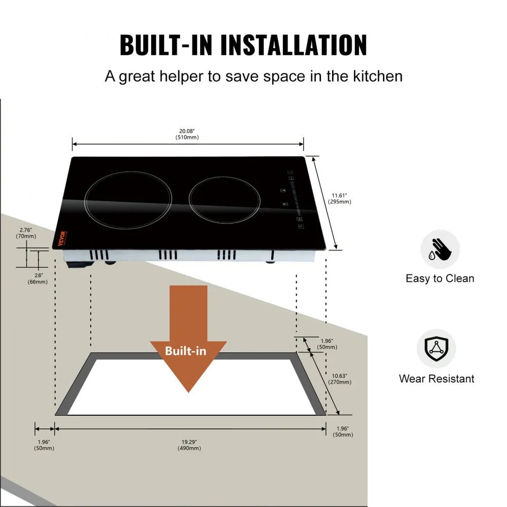 VEVOR Built in Electric Stove Top, 20 x 11.6 inch 2 Burners, 110V Glass Radiant Cooktop with Sensor Touch Control, Timer & Child Lock Included, 9 Power Levels for Simmer Steam Slow Cook Fry