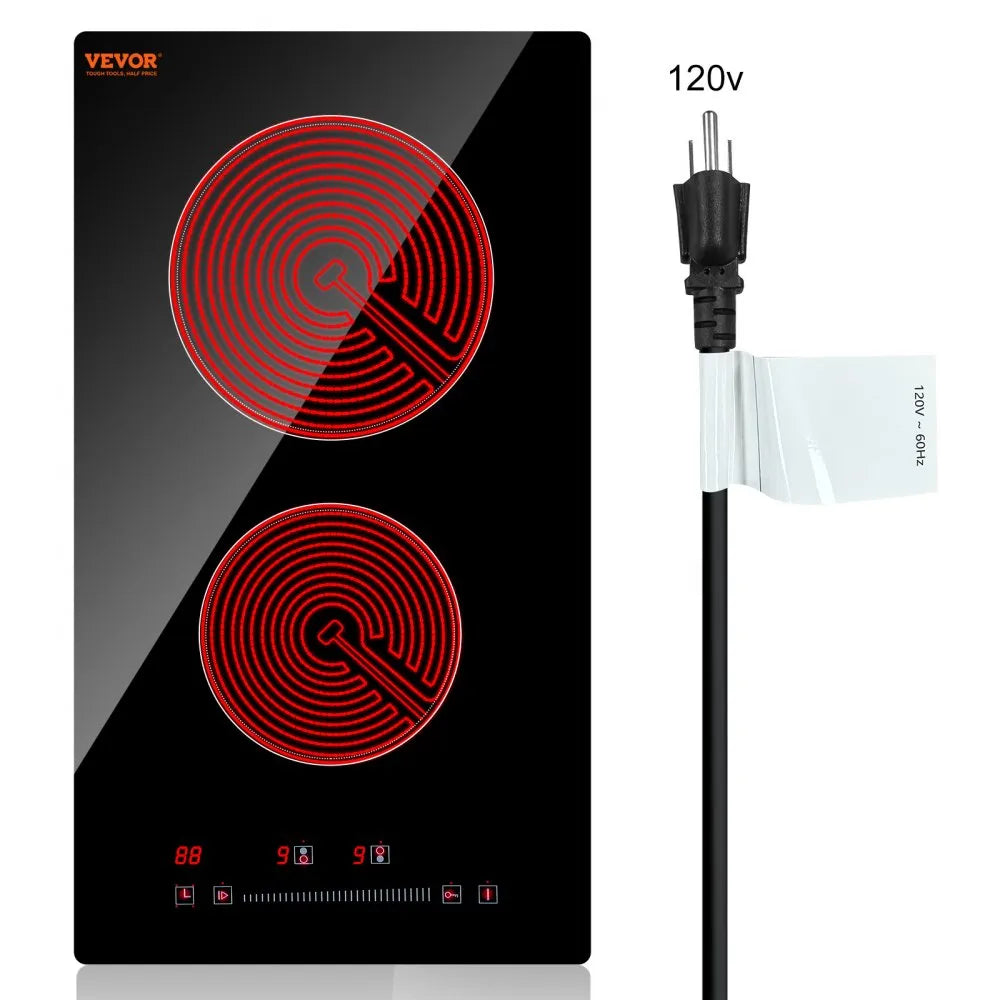 VEVOR Built in Electric Stove Top, 20 x 11.6 inch 2 Burners, 110V Glass Radiant Cooktop with Sensor Touch Control, Timer & Child Lock Included, 9 Power Levels for Simmer Steam Slow Cook Fry