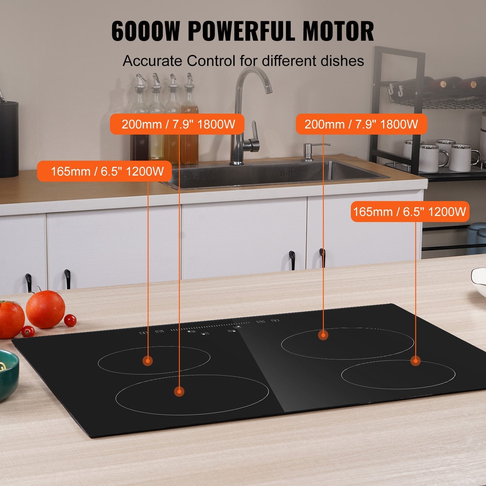 VEVOR Built in Electric Stove Top, 23.2 x 20.5 inch 4 Burners, 240V Glass Radiant Cooktop with Sensor Touch Control, Timer & Child Lock Included, 9 Power Levels for Simmer Steam Slow Cook Fry 