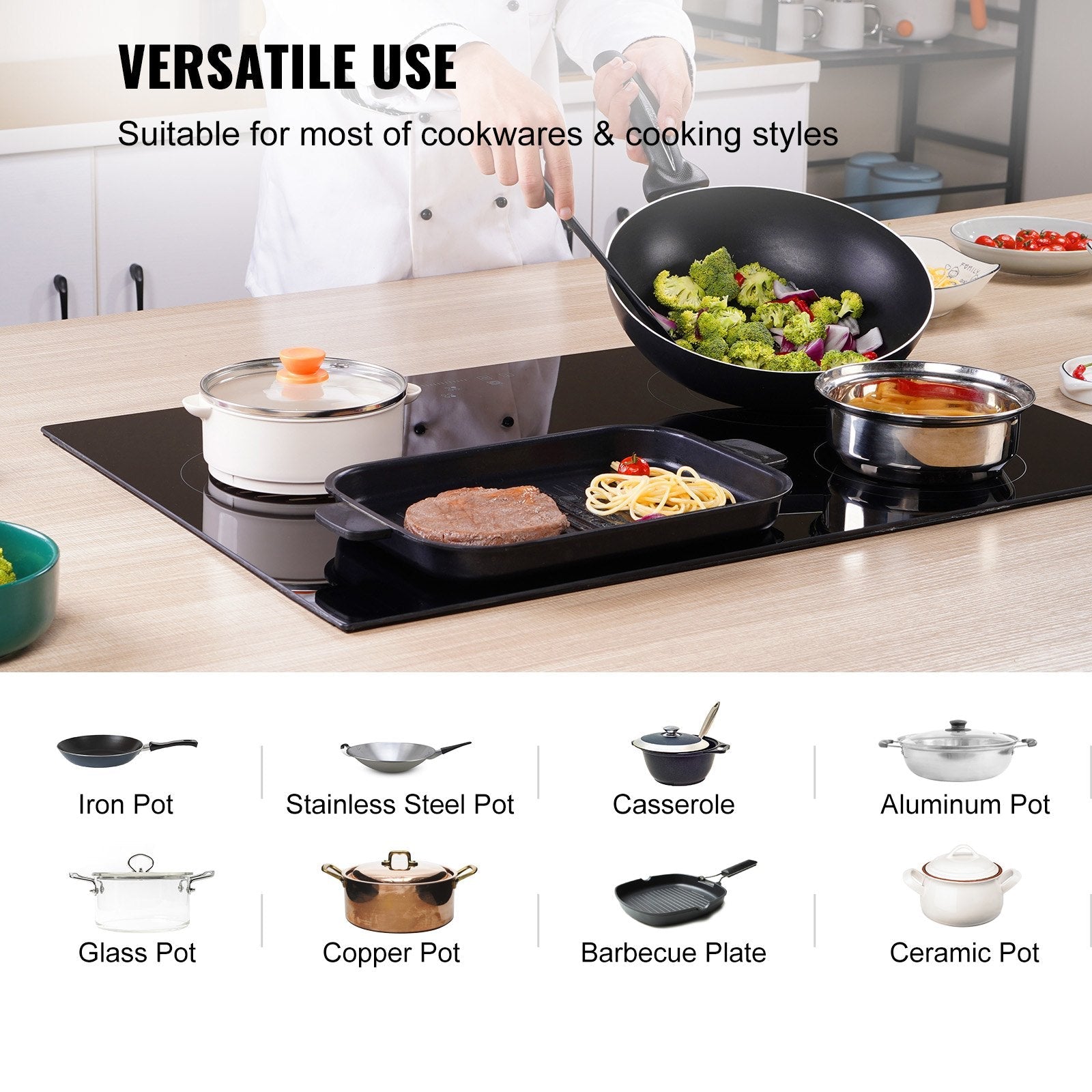 VEVOR Built in Electric Stove Top, 23.2 x 20.5 inch 4 Burners, 240V Glass Radiant Cooktop with Sensor Touch Control, Timer & Child Lock Included, 9 Power Levels for Simmer Steam Slow Cook Fry 