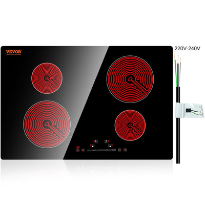 VEVOR Built in Electric Stove Top, 23.2 x 20.5 inch 4 Burners, 240V Glass Radiant Cooktop with Sensor Touch Control, Timer & Child Lock Included, 9 Power Levels for Simmer Steam Slow Cook Fry 