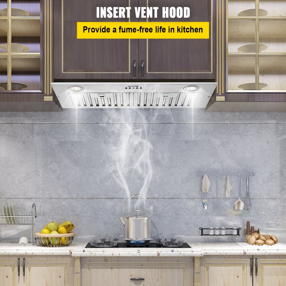 VEVOR Insert Range Hood, 800CFM 3-Speed, 30 Inch Stainless Steel Built-in Kitchen Vent with Push Button Control LED Lights Baffle Filters, Ducted/Ductless Convertible, ETL Listed 