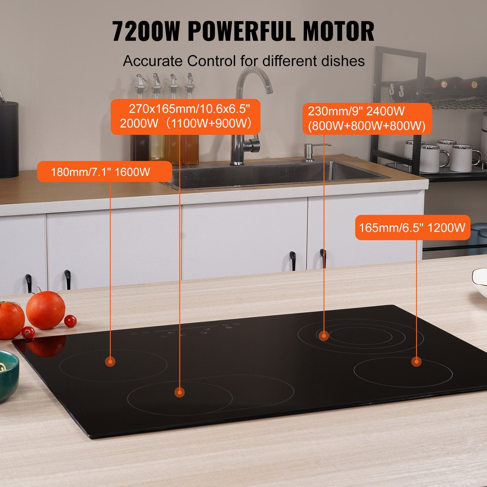 VEVOR Built in Electric Stove Top, 30.3 x 20.5 inch 4 Burners, 240V Glass Radiant Cooktop with Sensor Touch Control, Timer & Child Lock Included, 9 Power Levels for Simmer Steam Slow Cook Fry 