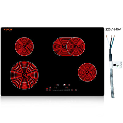 VEVOR Built in Electric Stove Top, 30.3 x 20.5 inch 4 Burners, 240V Glass Radiant Cooktop with Sensor Touch Control, Timer & Child Lock Included, 9 Power Levels for Simmer Steam Slow Cook Fry 