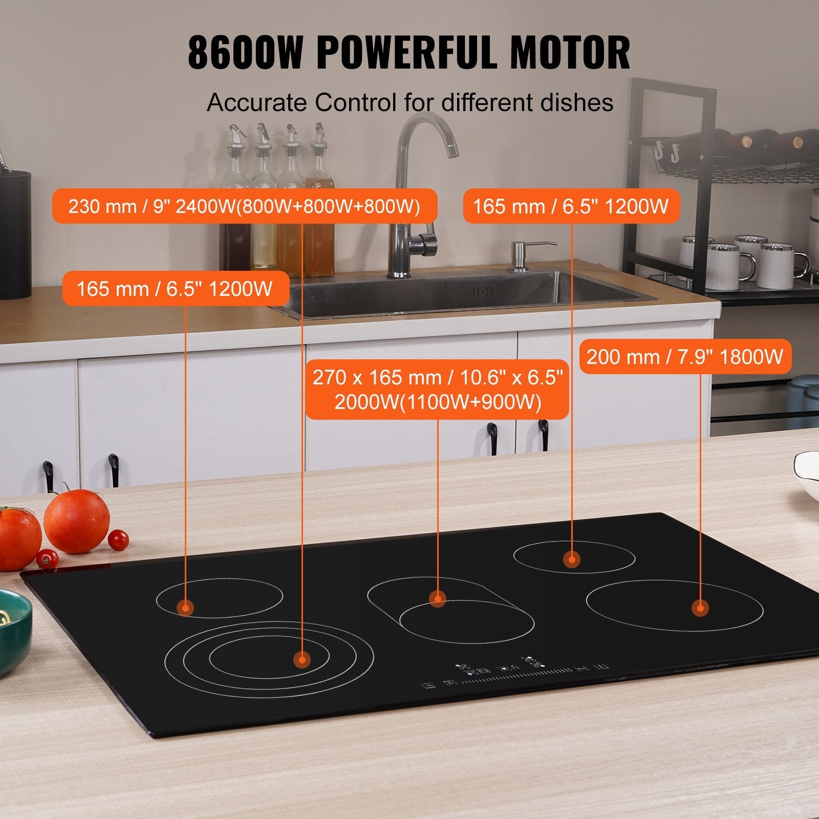 VEVOR Built in Electric Stove Top, 30.3 x 20.5 inch 5 Burners, 240V Glass Radiant Cooktop with Sensor Touch Control, Timer & Child Lock Included, 9 Power Levels for Simmer Steam Slow Cook Fry 