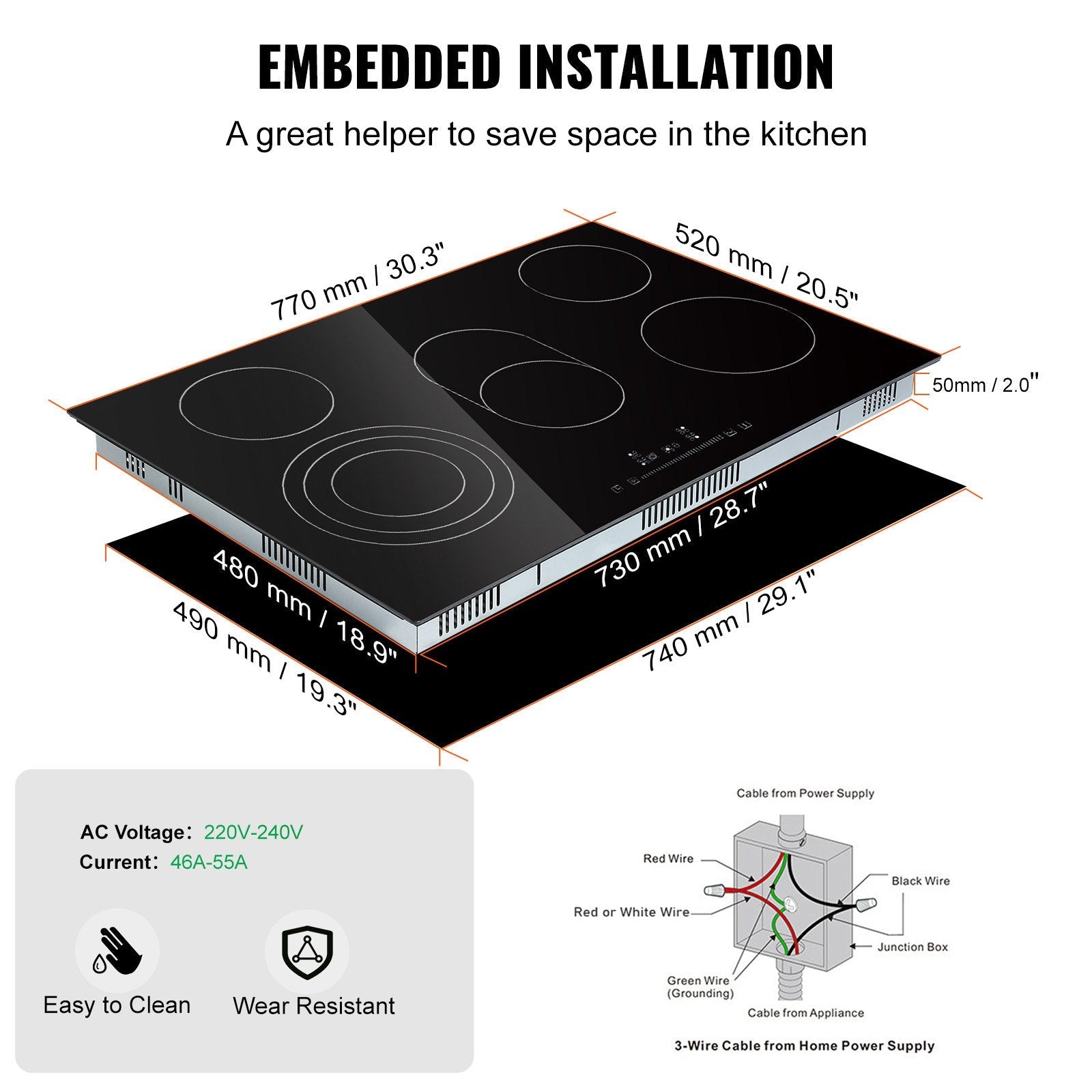 VEVOR Built in Electric Stove Top, 30.3 x 20.5 inch 5 Burners, 240V Glass Radiant Cooktop with Sensor Touch Control, Timer & Child Lock Included, 9 Power Levels for Simmer Steam Slow Cook Fry 