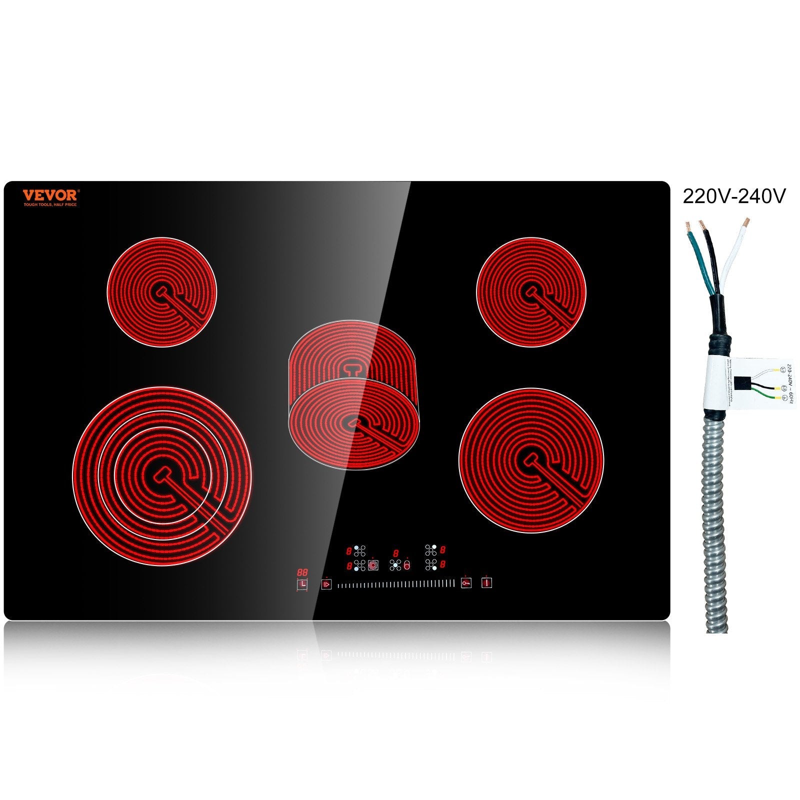VEVOR Built in Electric Stove Top, 30.3 x 20.5 inch 5 Burners, 240V Glass Radiant Cooktop with Sensor Touch Control, Timer & Child Lock Included, 9 Power Levels for Simmer Steam Slow Cook Fry 