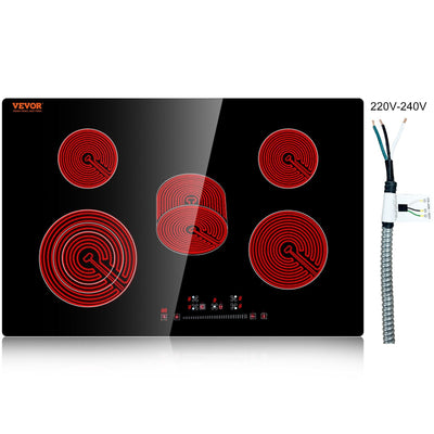 VEVOR Built in Electric Stove Top, 30.3 x 20.5 inch 5 Burners, 240V Glass Radiant Cooktop with Sensor Touch Control, Timer & Child Lock Included, 9 Power Levels for Simmer Steam Slow Cook Fry 