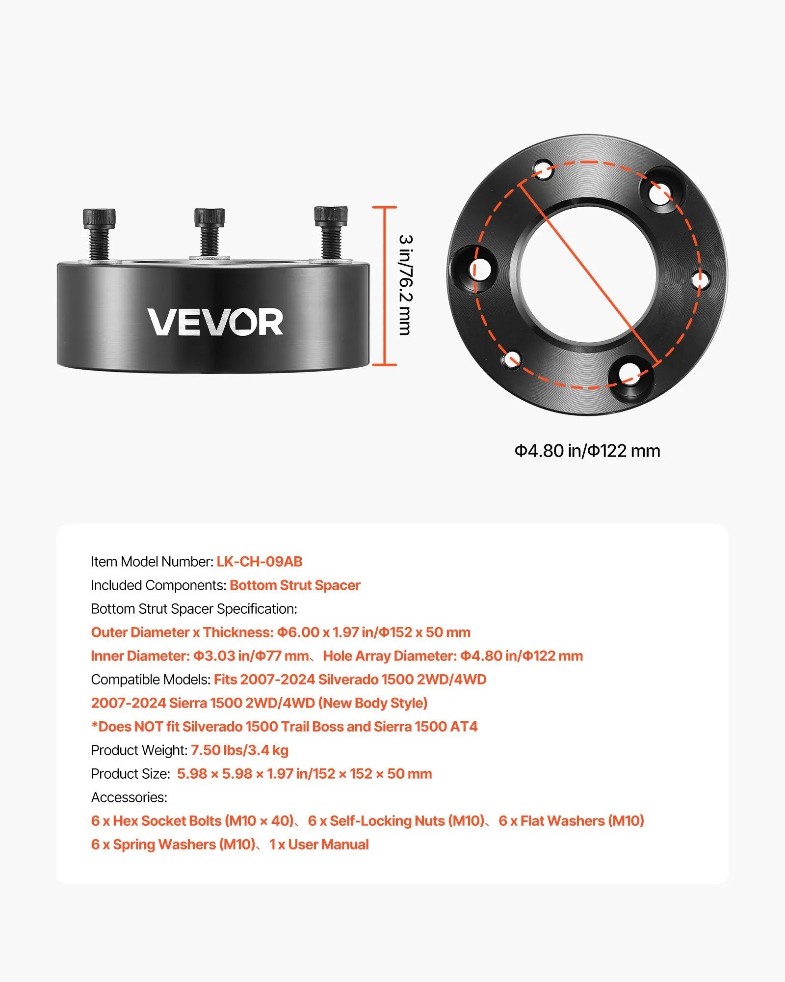 VEVOR 3 Inch Front Leveling Lift Kit for 2007-2024 Silverado 1500 2WD/4WD, 2007-2024 Sierra 1500 2WD/4WD (New Body Style), Chassis Level Kit with 2PCS Heavy Forged Aluminum Suspension Strut Spacers 