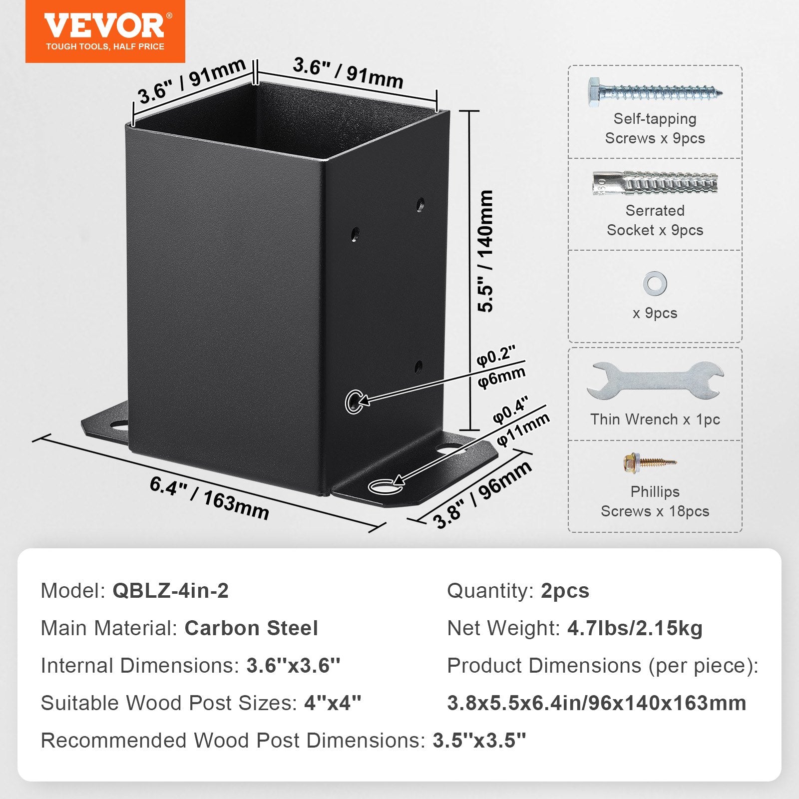 VEVOR 4x4 Post Base 2 Pcs, Inner Size 3.6"x3.6" Post Base Brackets, Heavy Duty Powder-Coated Post Anchor Matte Black Wood Post Brackets for Pavilion Deck Railing Support Deck Base Plate 