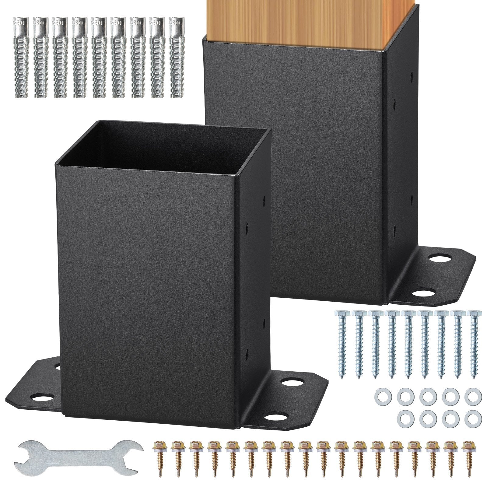 VEVOR 4x4 Post Base 2 Pcs, Inner Size 3.6"x3.6" Post Base Brackets, Heavy Duty Powder-Coated Post Anchor Matte Black Wood Post Brackets for Pavilion Deck Railing Support Deck Base Plate 