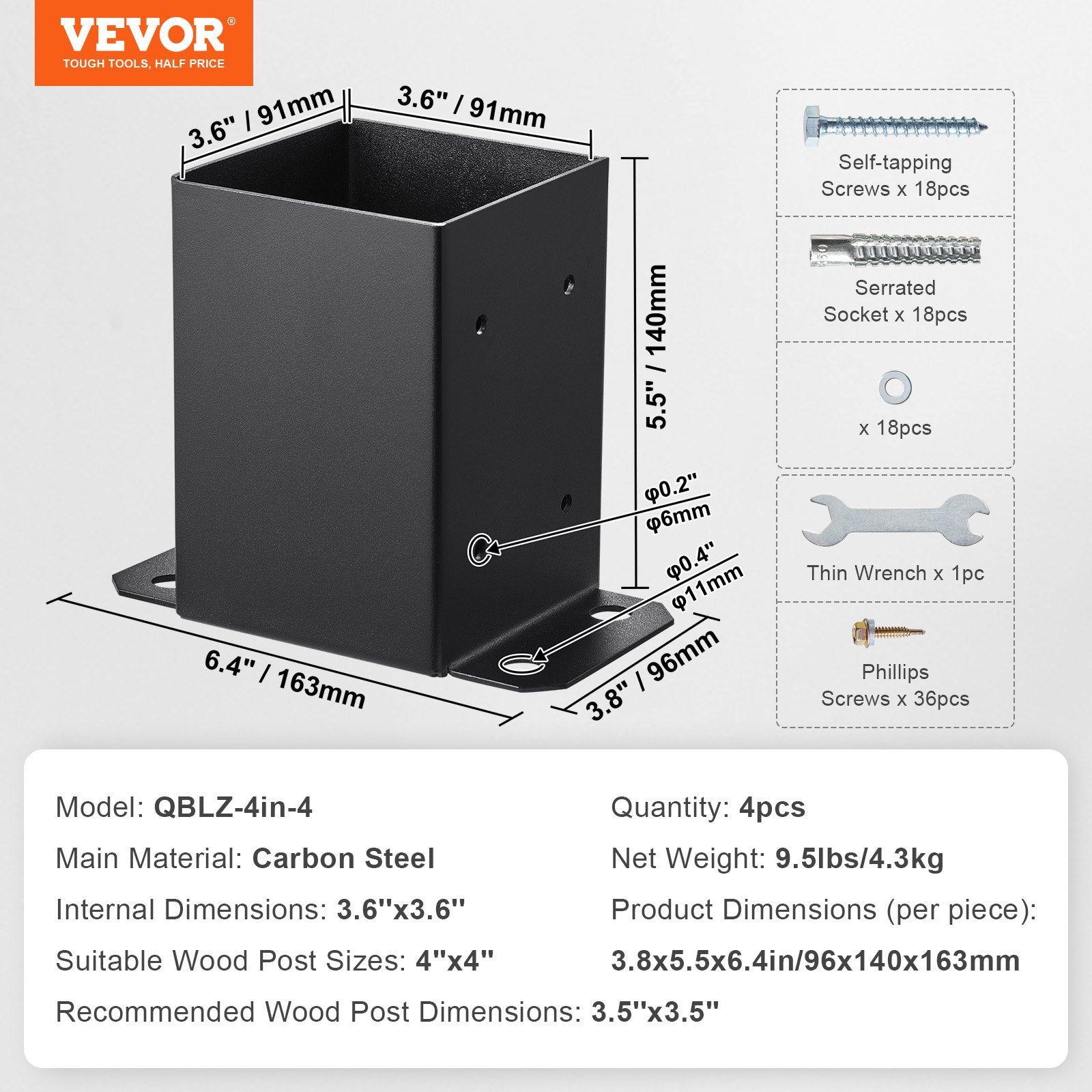 VEVOR 4x4 Post Base 4 Pcs, Inner Size 3.6"x3.6" Post Base Brackets, Heavy Duty Powder-Coated Post Anchor Matte Black Wood Post Brackets for Pavilion Deck Railing Support Deck Base Plate 