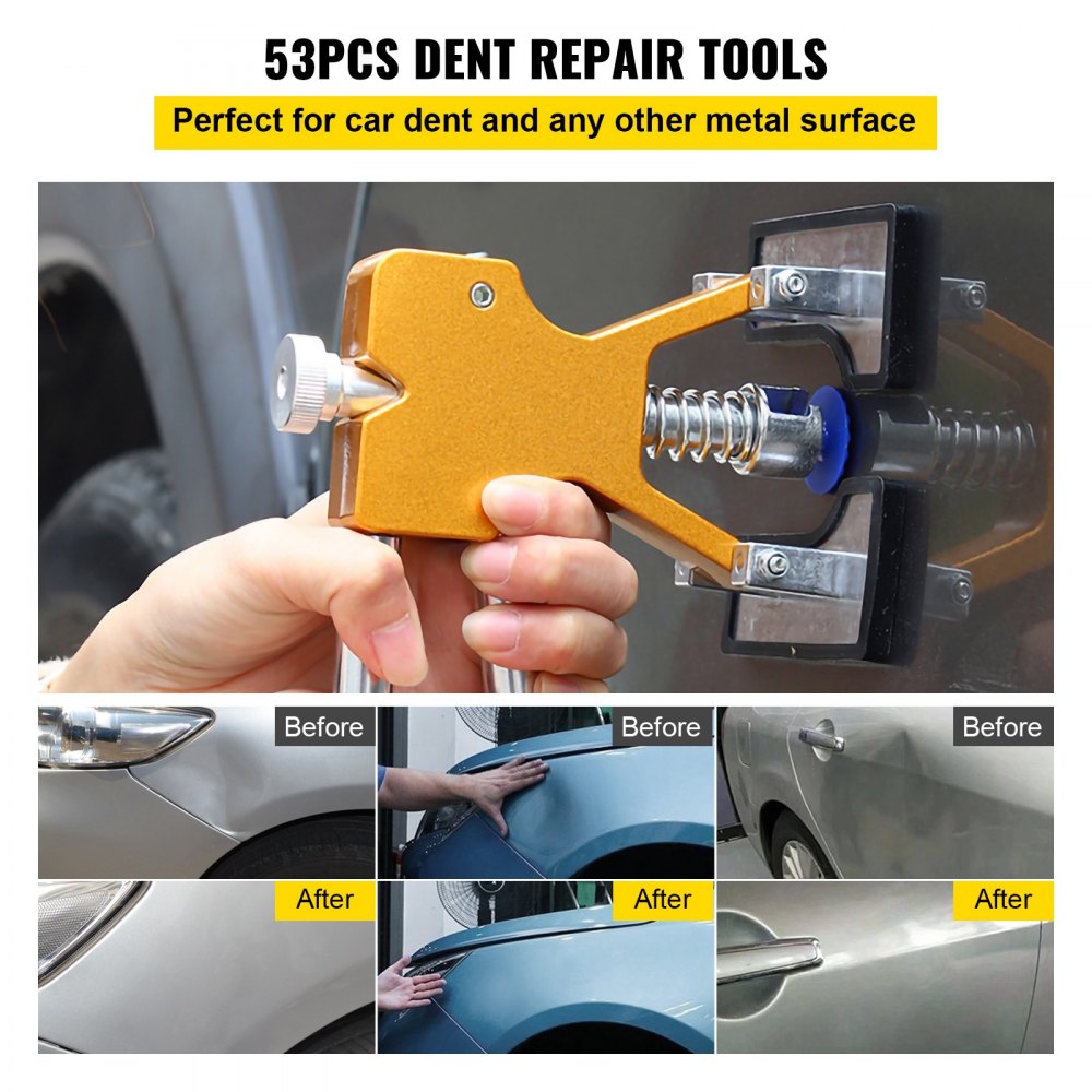 VEVOR Dent Puller Kit, 53 PCS Paintless Dent Repair Tool, Golden Lifter Puller Car Dent Repair Kit, Glue Puller Tabs Dent Puller Kit for Auto Dent Removal, Minor Dents, Door Dings and Hail Damage 