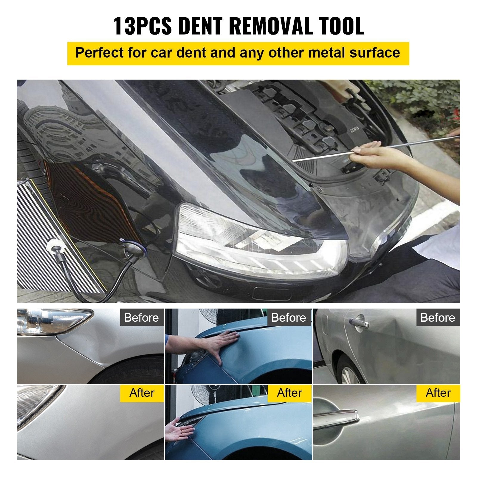 VEVOR Rods Dent Removal Kit, 13 Pcs Paintless Dent Repair Tool, 5 Pcs Stainless Steel Dent Rods, 8 Pcs Tapper Heads, Professional Hail Dent Removal Tool for Minor Dents, Door Dings and Hail Damage 