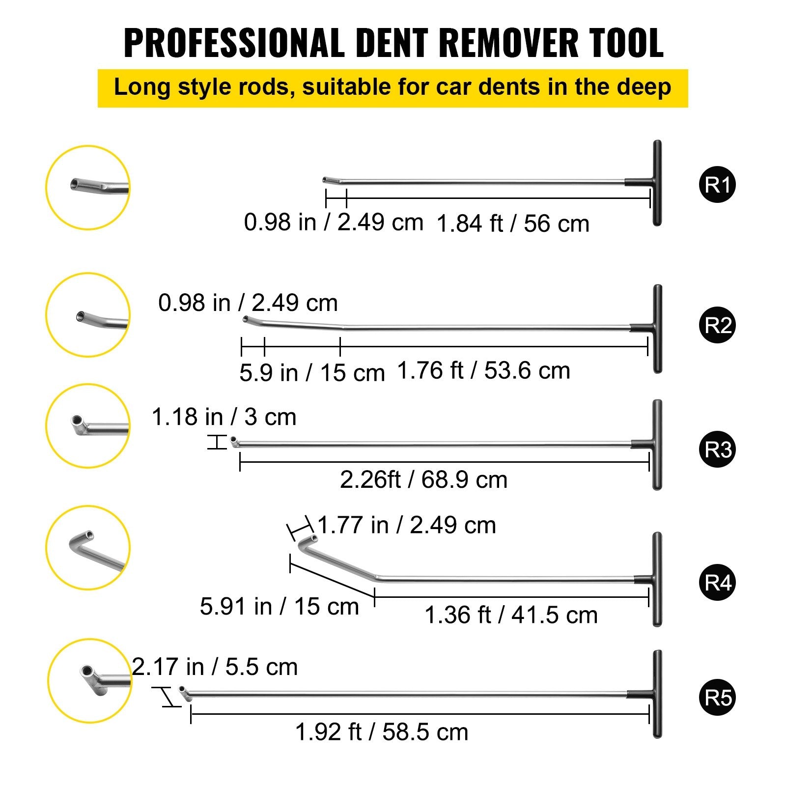 VEVOR Rods Dent Removal Kit, 13 Pcs Paintless Dent Repair Tool, 5 Pcs Stainless Steel Dent Rods, 8 Pcs Tapper Heads, Professional Hail Dent Removal Tool for Minor Dents, Door Dings and Hail Damage 