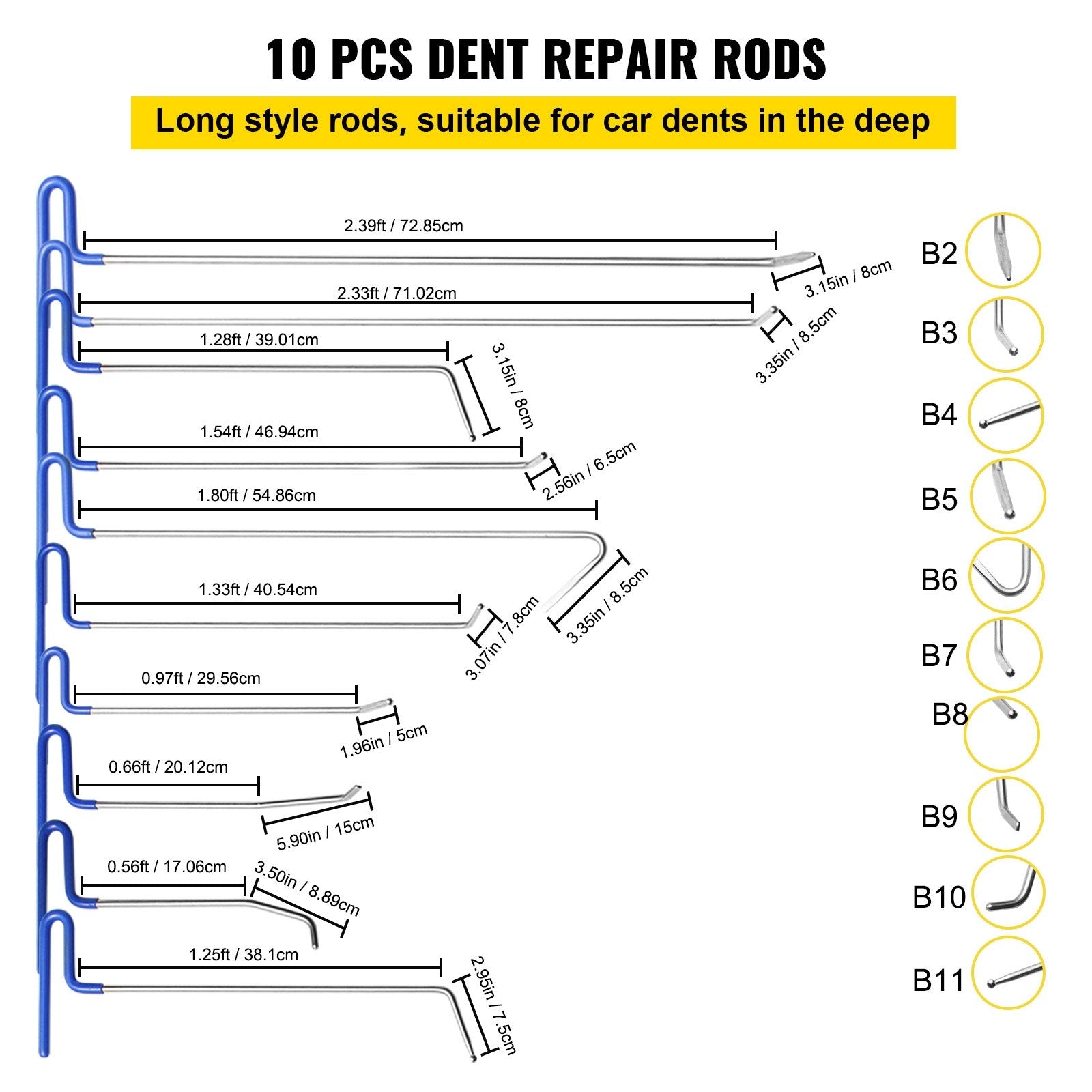 VEVOR Rods Dent Removal Kit, 20 Pcs Paintless Dent Repair Rods, Stainless Steel Dent Rods, Whale Tail Dent Repair Tools, Professional Hail Dent Removal Tool For Minor Dents, Door Dings And Hail Damage 