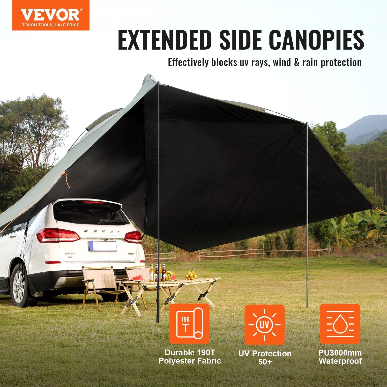 VEVOR Vehicle Awning, Large 10' x 7' Shade Coverage Car Side Awning, PU2000mm UV50+ Car Awning with Extended Side Canopies and Portable Storage Bag, Suitable for Truck, SUV, Van, Campers 