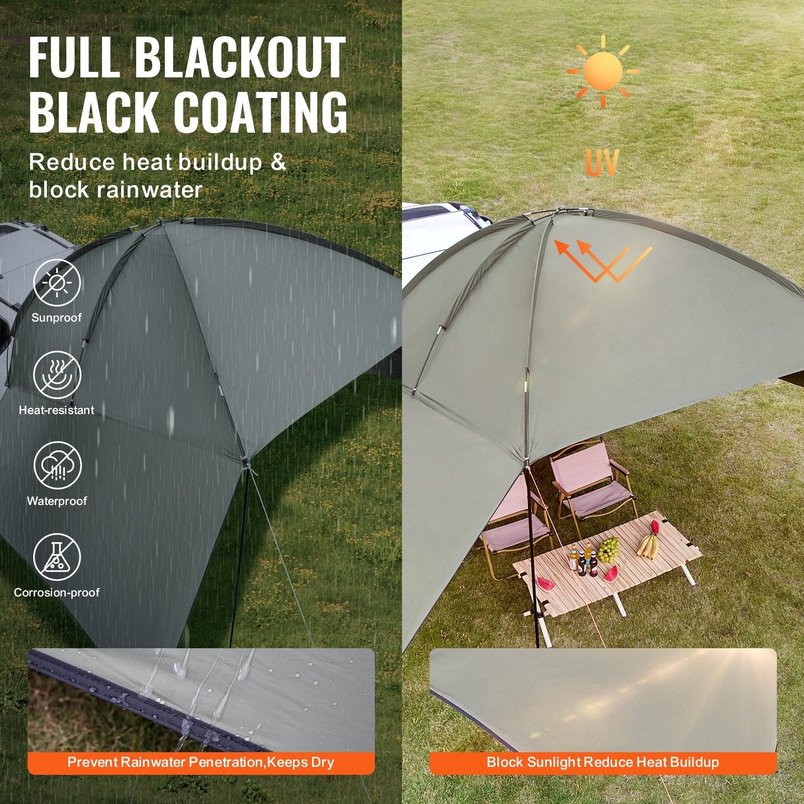 VEVOR Vehicle Awning, Large 10' x 7' Shade Coverage Car Side Awning, PU2000mm UV50+ Car Awning with Extended Side Canopies and Portable Storage Bag, Suitable for Truck, SUV, Van, Campers 