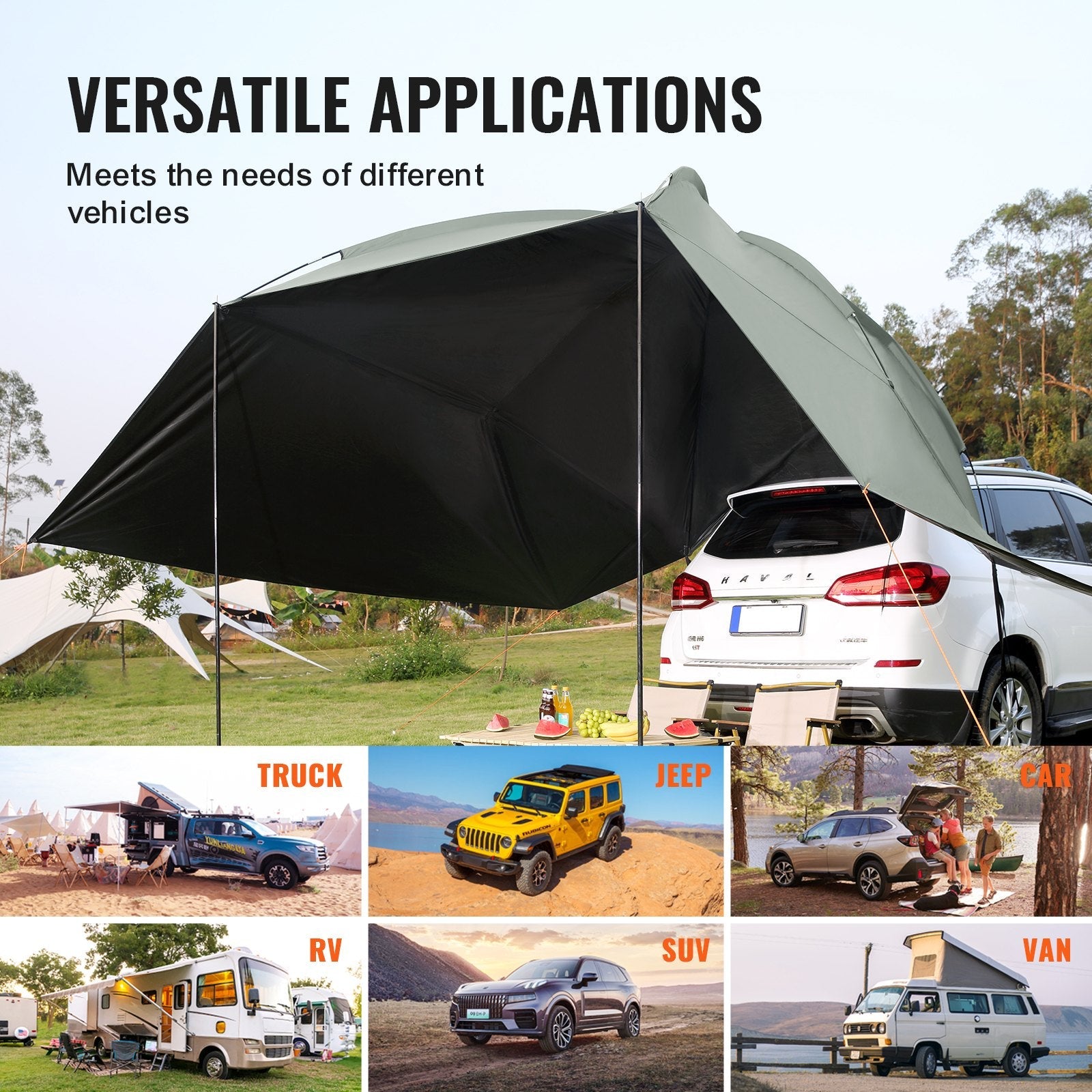 VEVOR Vehicle Awning, Large 10' x 7' Shade Coverage Car Side Awning, PU2000mm UV50+ Car Awning with Extended Side Canopies and Portable Storage Bag, Suitable for Truck, SUV, Van, Campers 