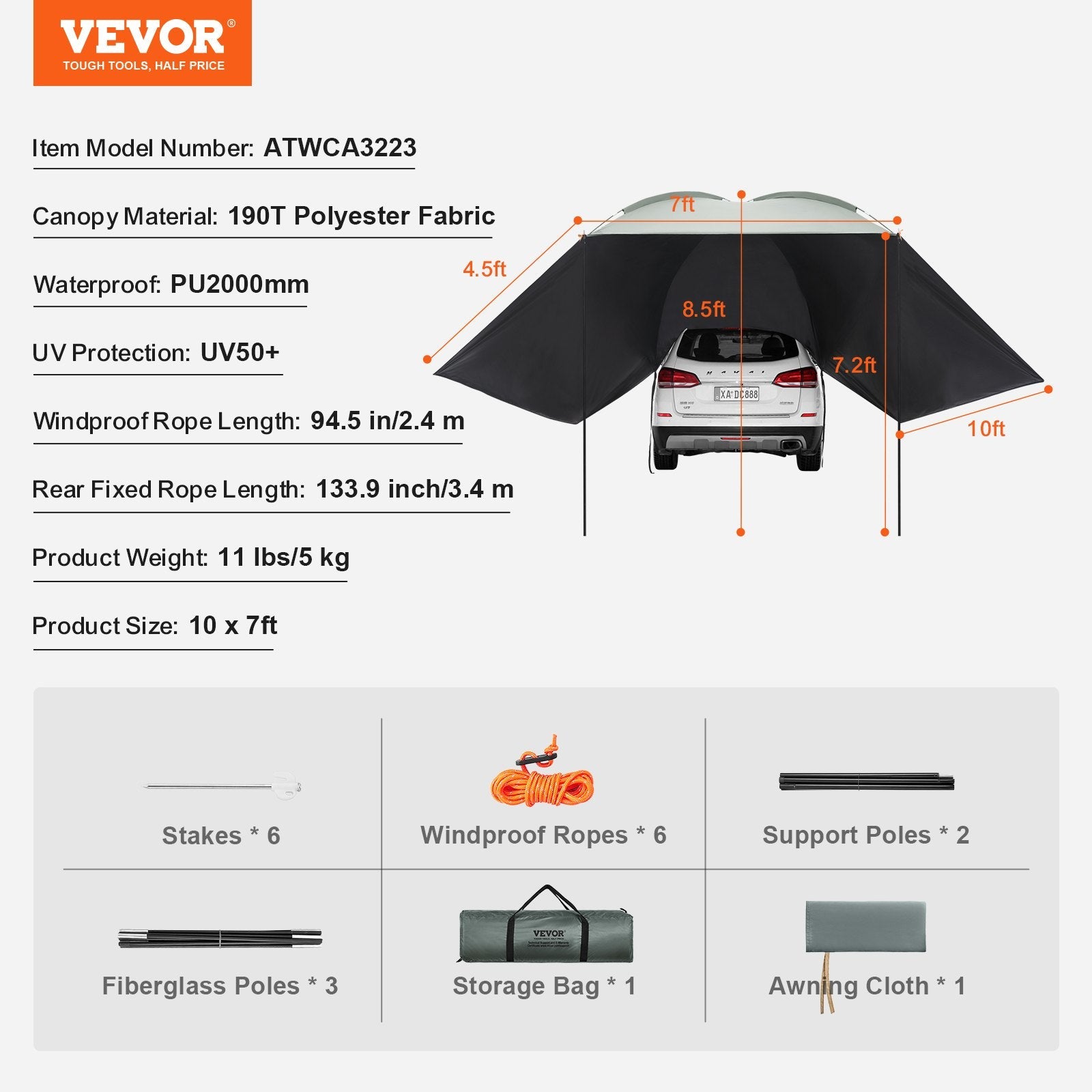 VEVOR Vehicle Awning, Large 10' x 7' Shade Coverage Car Side Awning, PU2000mm UV50+ Car Awning with Extended Side Canopies and Portable Storage Bag, Suitable for Truck, SUV, Van, Campers 