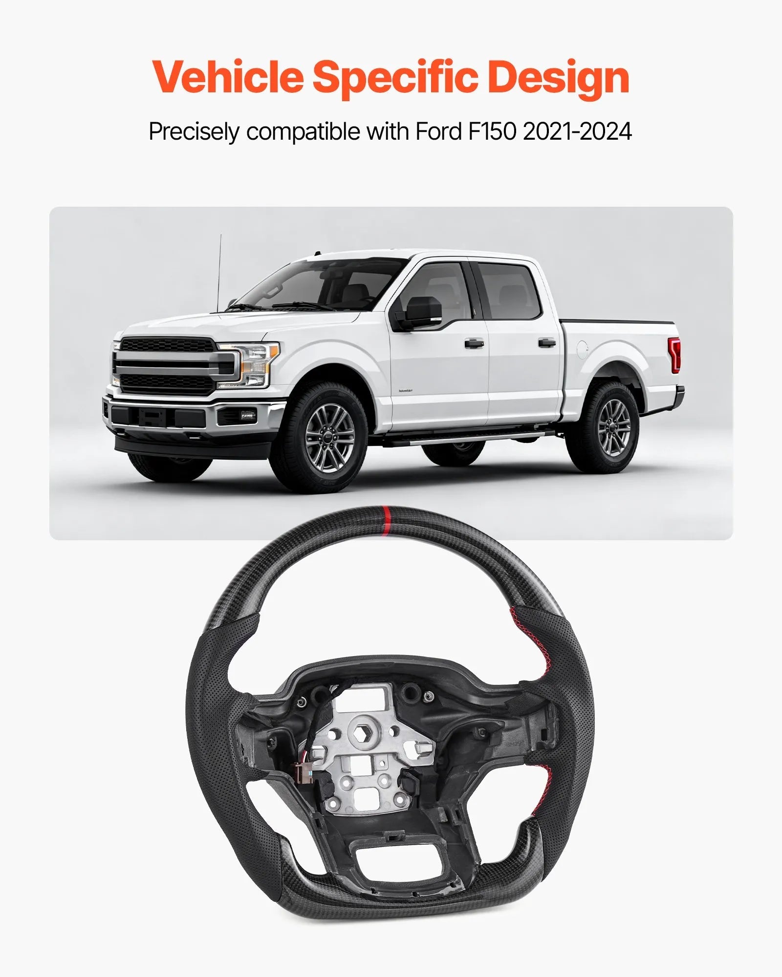 VEVOR Steering Wheel for 2021-2024 Ford F150, Carbon Fiber Steering Wheel D-Shaped Flat-Bottom with Heating Function, Leather Grip with Non-Slip Texture, Accessories Replacement for Ford F150, Black 