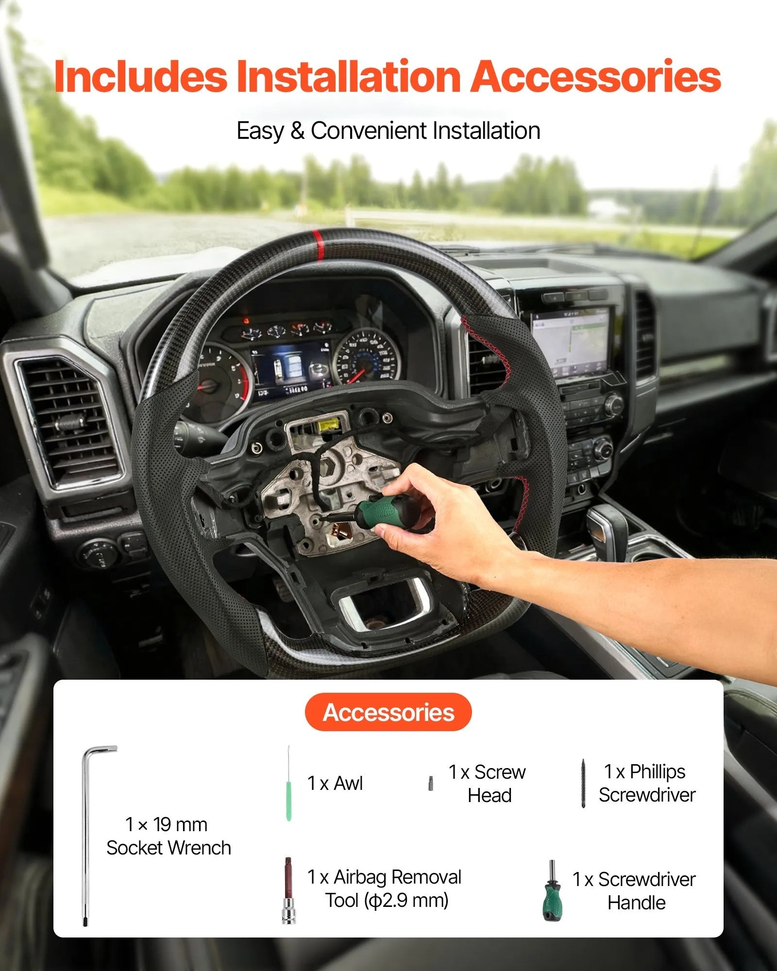 VEVOR Steering Wheel for 2021-2024 Ford F150, Carbon Fiber Steering Wheel D-Shaped Flat-Bottom with Heating Function, Leather Grip with Non-Slip Texture, Accessories Replacement for Ford F150, Black 