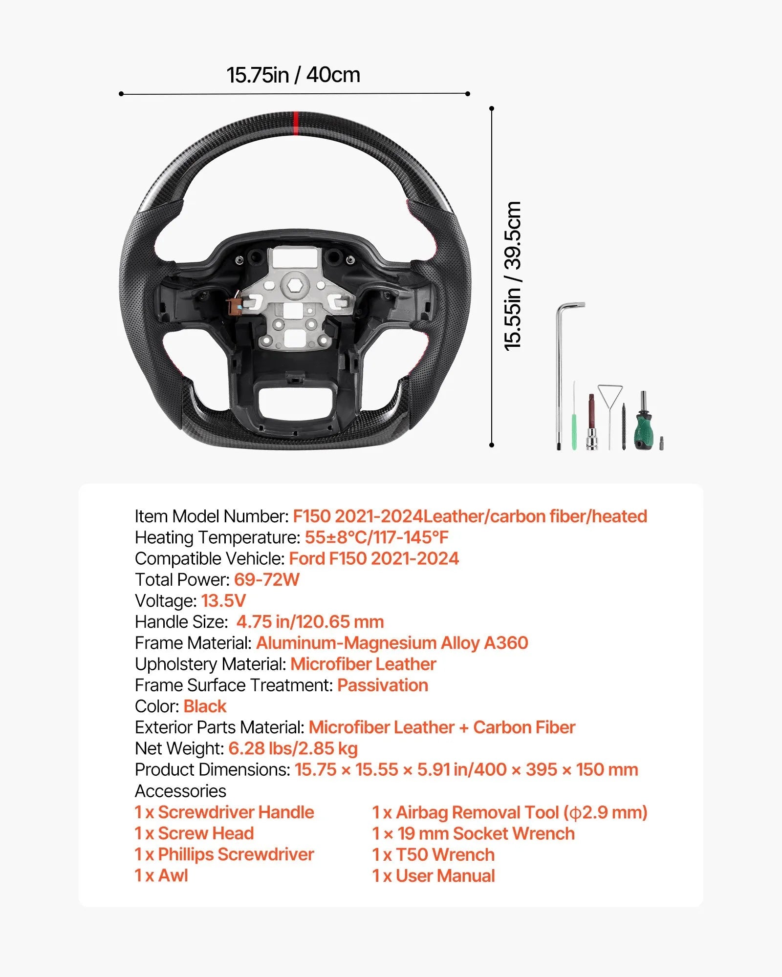 VEVOR Steering Wheel for 2021-2024 Ford F150, Carbon Fiber Steering Wheel D-Shaped Flat-Bottom with Heating Function, Leather Grip with Non-Slip Texture, Accessories Replacement for Ford F150, Black 