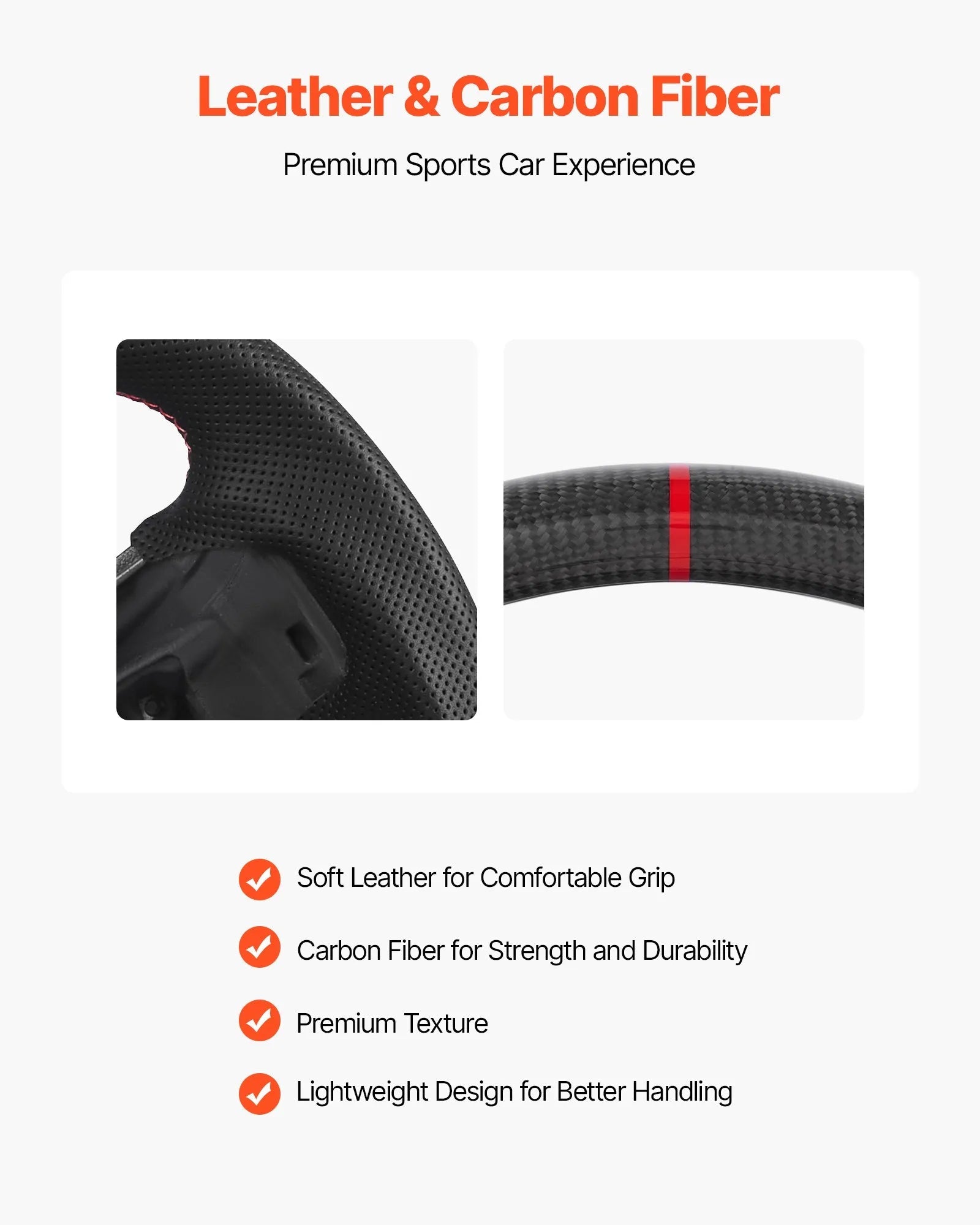 VEVOR Steering Wheel for 2021-2024 Ford F150, Carbon Fiber Steering Wheel D-Shaped Flat-Bottom, Leather Grip with Non-Slip Texture & Precise Stitching, Accessories Replacement for Ford F150, Black 