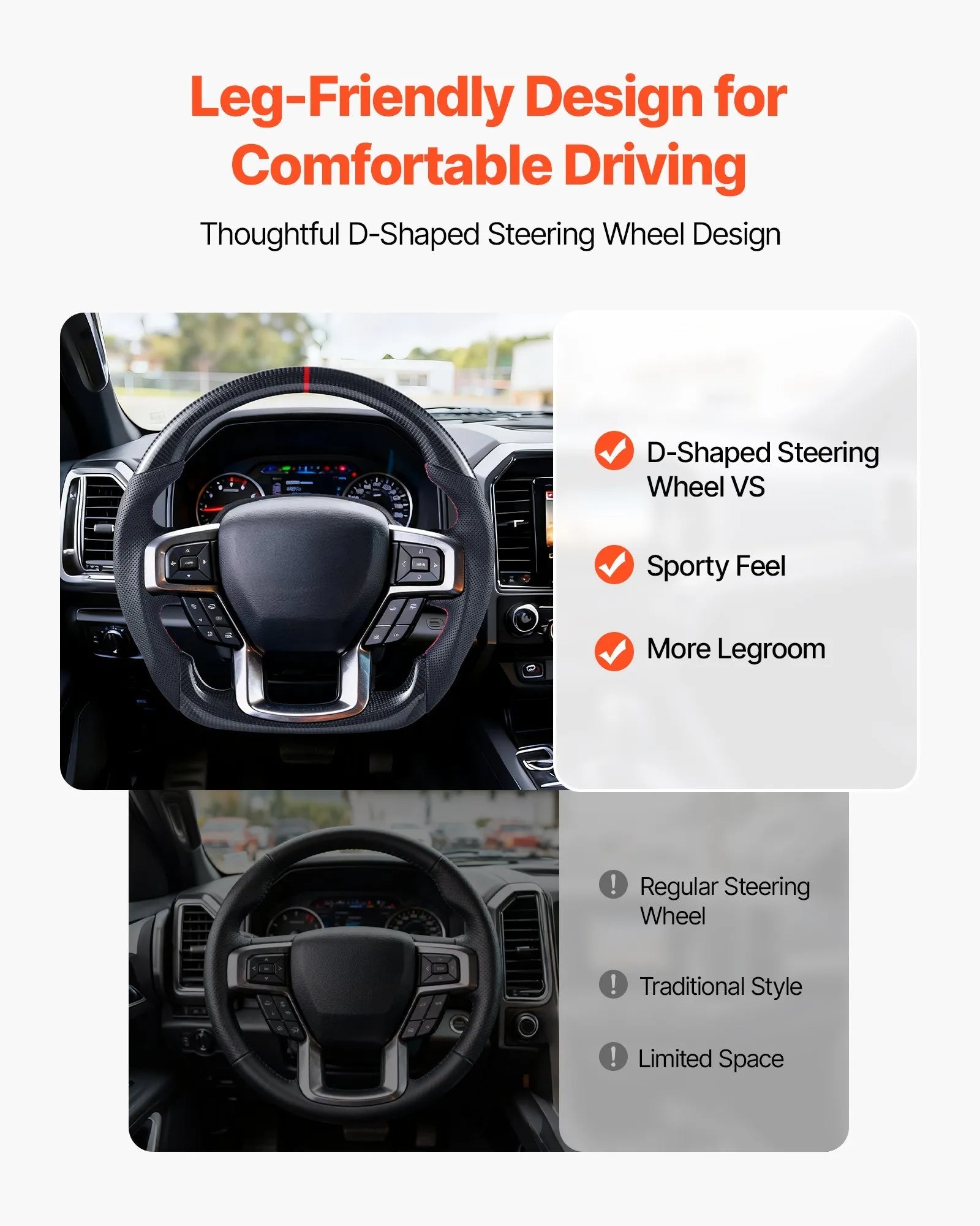 VEVOR Steering Wheel for 2021-2024 Ford F150, Carbon Fiber Steering Wheel D-Shaped Flat-Bottom, Leather Grip with Non-Slip Texture & Precise Stitching, Accessories Replacement for Ford F150, Black 