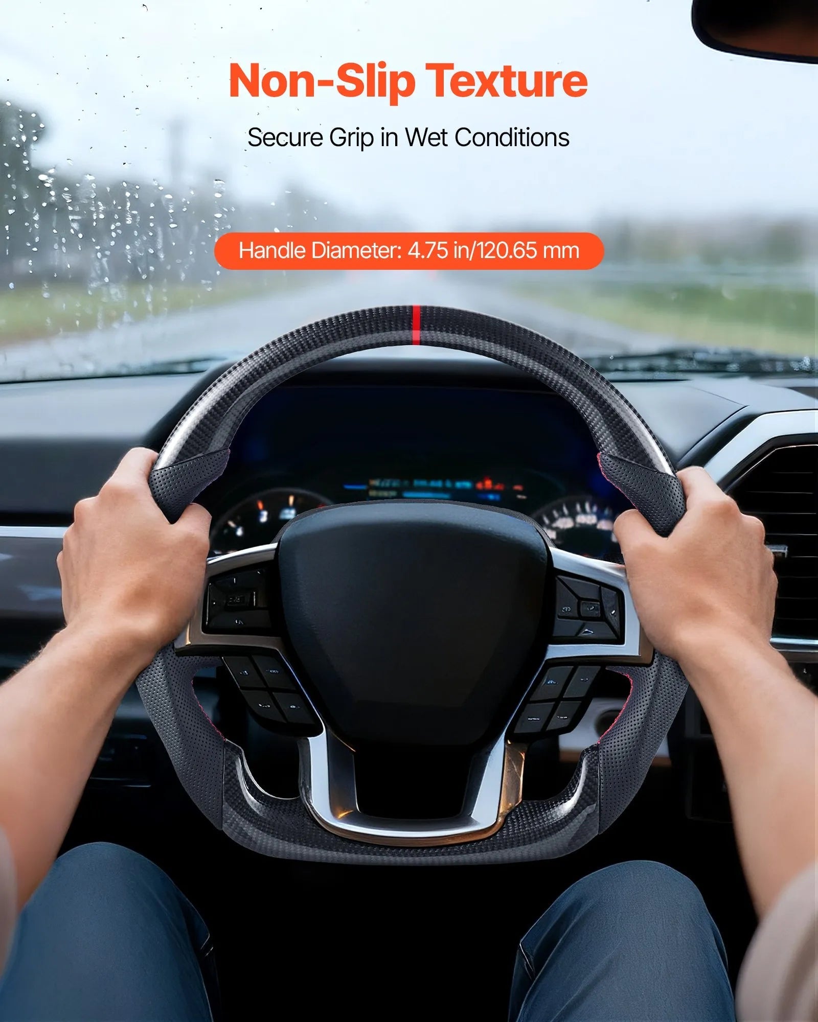 VEVOR Steering Wheel for 2021-2024 Ford F150, Carbon Fiber Steering Wheel D-Shaped Flat-Bottom, Leather Grip with Non-Slip Texture & Precise Stitching, Accessories Replacement for Ford F150, Black 