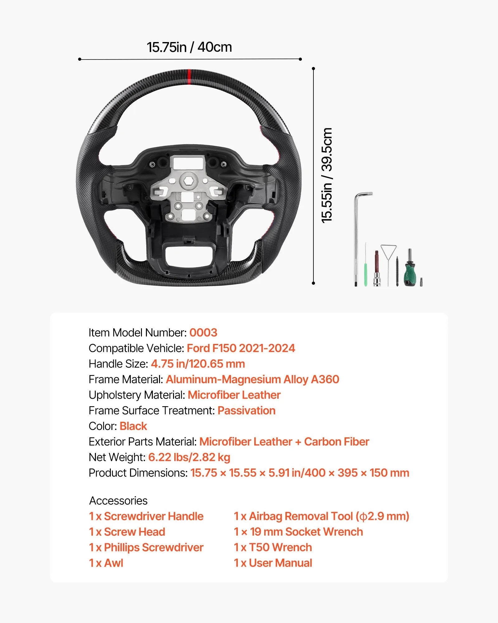 VEVOR Steering Wheel for 2021-2024 Ford F150, Carbon Fiber Steering Wheel D-Shaped Flat-Bottom, Leather Grip with Non-Slip Texture & Precise Stitching, Accessories Replacement for Ford F150, Black 