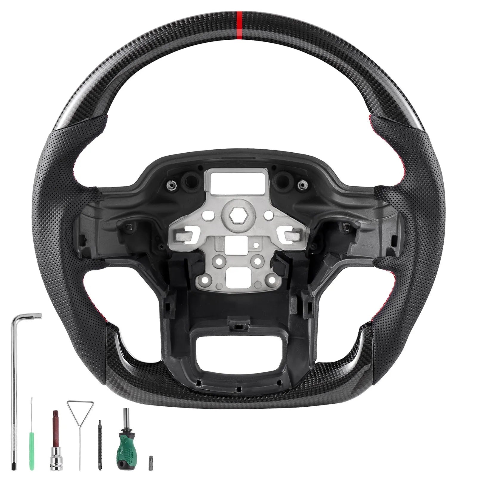VEVOR Steering Wheel for 2021-2024 Ford F150, Carbon Fiber Steering Wheel D-Shaped Flat-Bottom, Leather Grip with Non-Slip Texture & Precise Stitching, Accessories Replacement for Ford F150, Black 