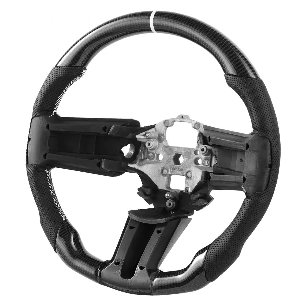 VEVOR Steering Wheel for 2010-2014 Ford Mustang, Carbon Fiber Steering Wheel D-Shaped Flat-Bottom, Leather Grip with Non-Slip Texture & Precise Stitching, Accessories Replacement for Mustang, Black 