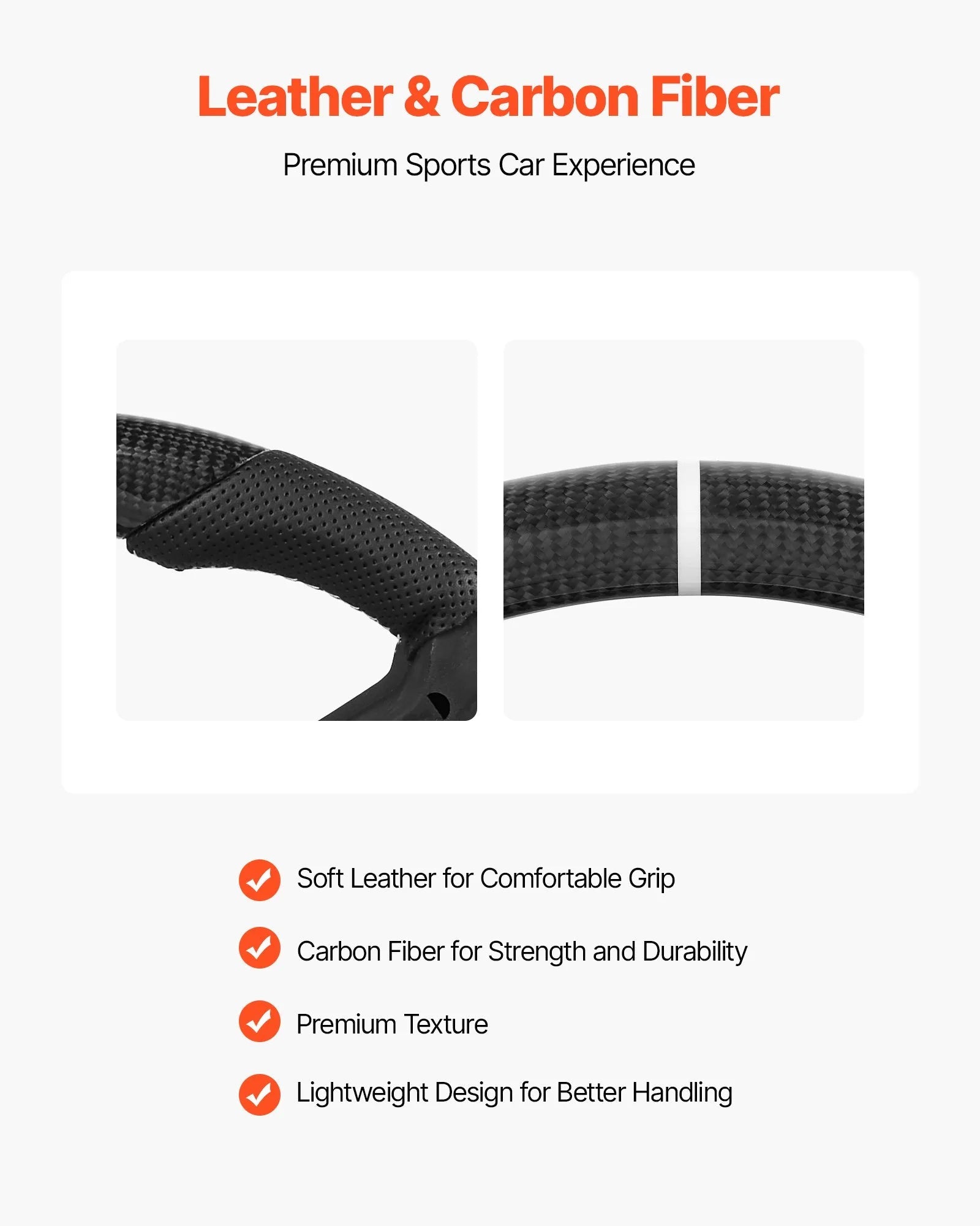 VEVOR Steering Wheel for 2010-2014 Ford Mustang, Carbon Fiber Steering Wheel D-Shaped Flat-Bottom, Leather Grip with Non-Slip Texture & Precise Stitching, Accessories Replacement for Mustang, Black 