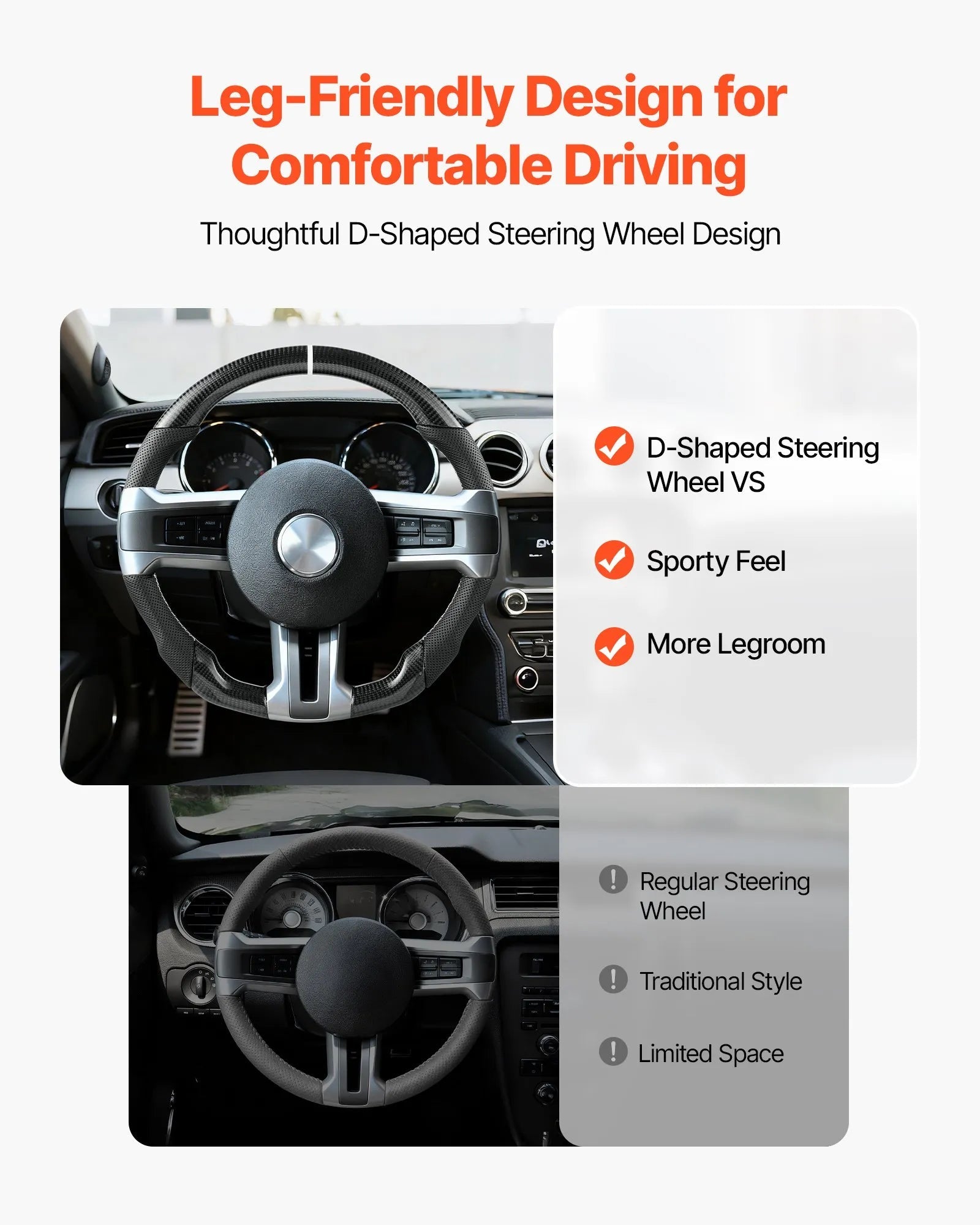 VEVOR Steering Wheel for 2010-2014 Ford Mustang, Carbon Fiber Steering Wheel D-Shaped Flat-Bottom, Leather Grip with Non-Slip Texture & Precise Stitching, Accessories Replacement for Mustang, Black 