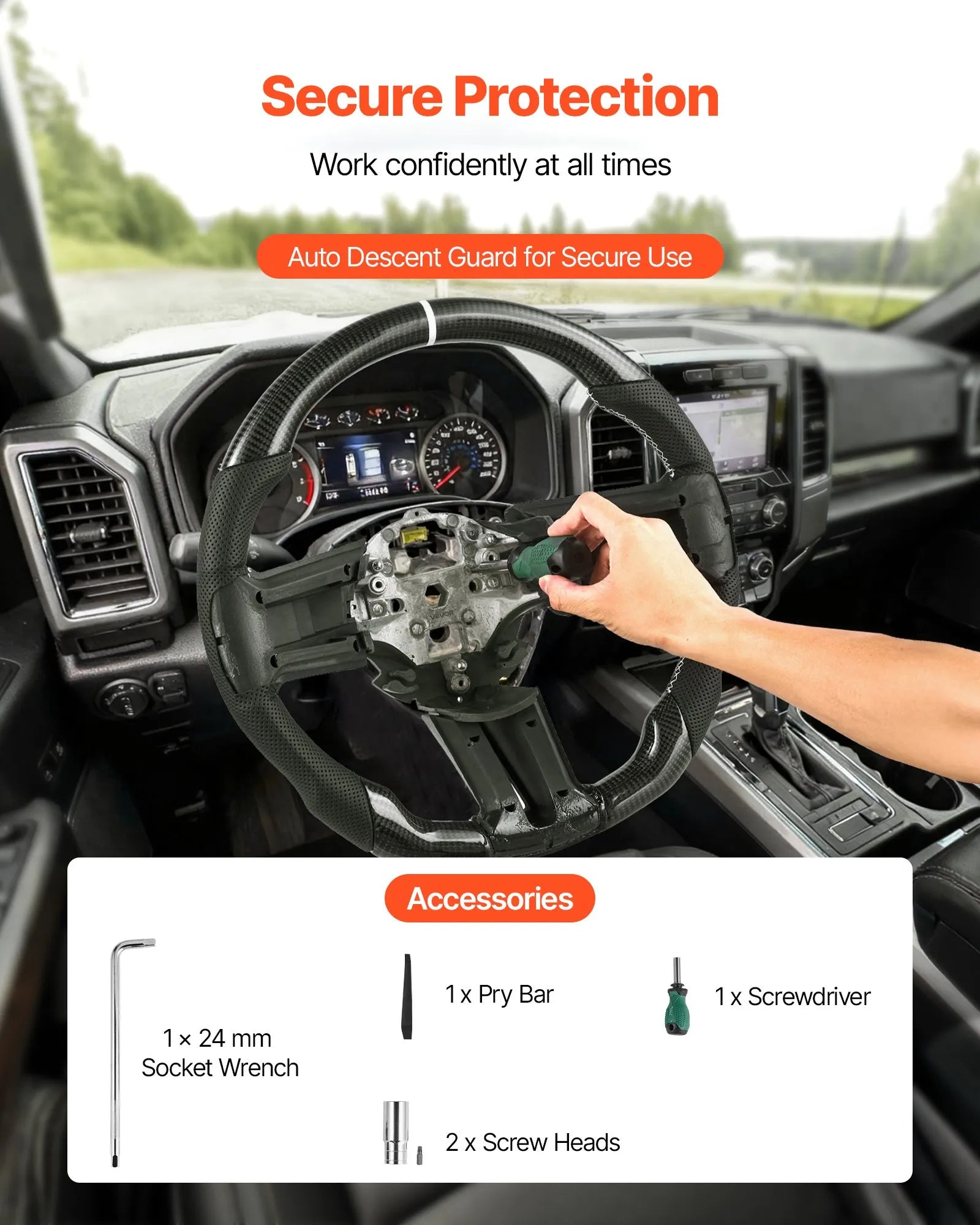 VEVOR Steering Wheel for 2010-2014 Ford Mustang, Carbon Fiber Steering Wheel D-Shaped Flat-Bottom, Leather Grip with Non-Slip Texture & Precise Stitching, Accessories Replacement for Mustang, Black 