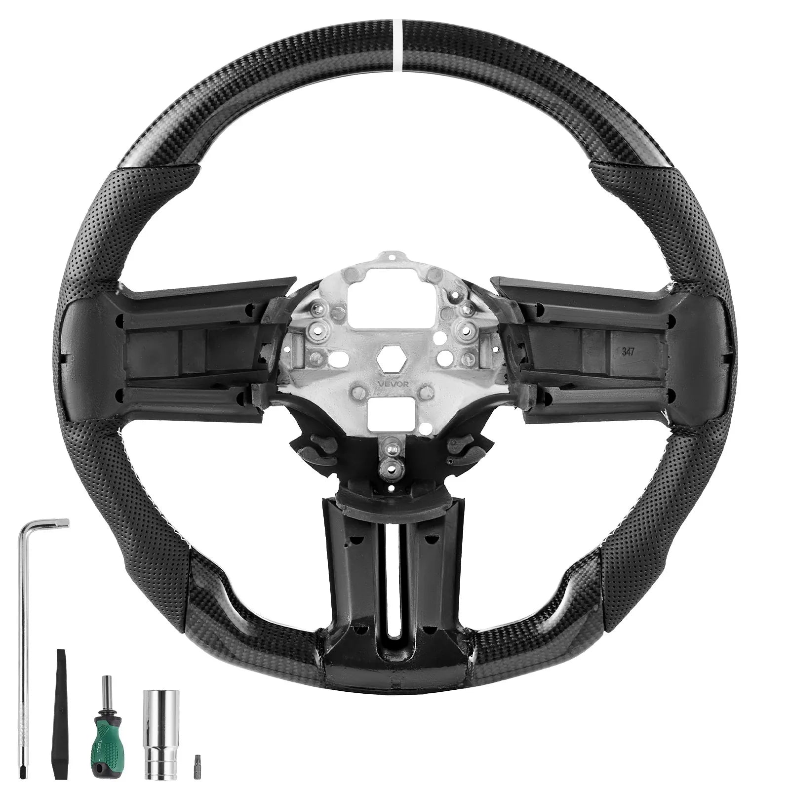 VEVOR Steering Wheel for 2010-2014 Ford Mustang, Carbon Fiber Steering Wheel D-Shaped Flat-Bottom, Leather Grip with Non-Slip Texture & Precise Stitching, Accessories Replacement for Mustang, Black 