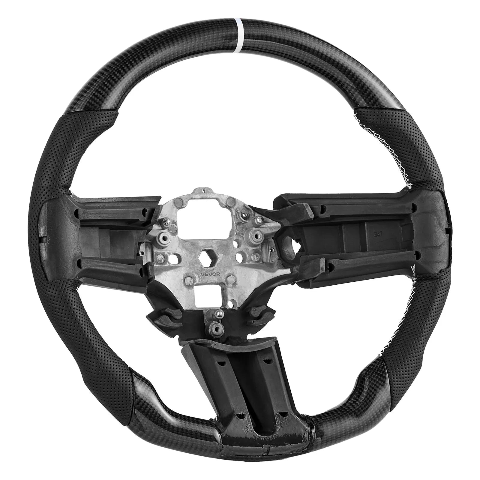 VEVOR Steering Wheel for 2010-2014 Ford Mustang, Carbon Fiber Steering Wheel D-Shaped Flat-Bottom, Leather Grip with Non-Slip Texture & Precise Stitching, Accessories Replacement for Mustang, Black 
