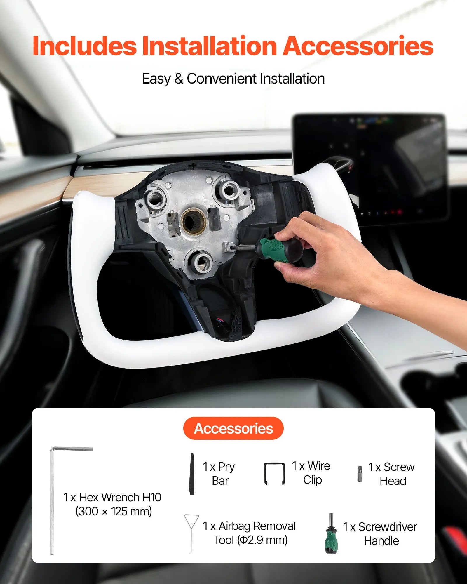 VEVOR Steering Wheel for 2016-2023 Tesla Model 3, Carbon Fiber Steering Wheel D-Shaped Flat-Bottom with Heating Function, Leather Grip with Non-Slip Texture, Accessories Replacement for Model 3, White 