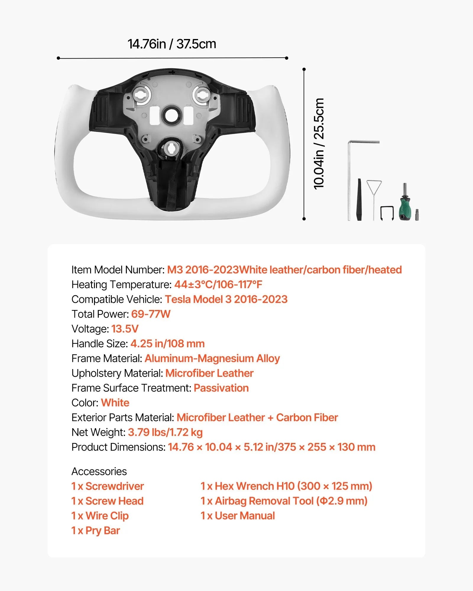 VEVOR Steering Wheel for 2016-2023 Tesla Model 3, Carbon Fiber Steering Wheel D-Shaped Flat-Bottom with Heating Function, Leather Grip with Non-Slip Texture, Accessories Replacement for Model 3, White 