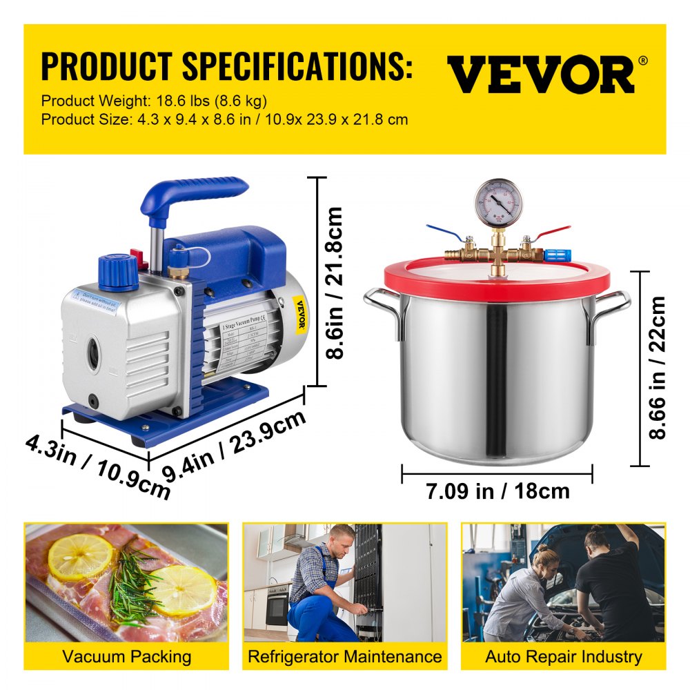 2.5cfm Vacuum Pump 1.5 Gallon Vacuum Chamber 0.5pa Tool Degassing Silicone 