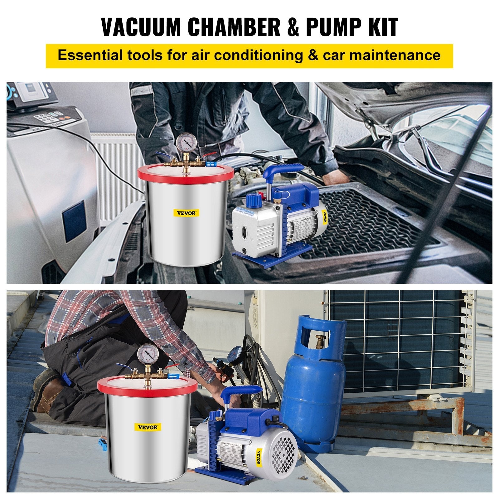 VEVOR 3 CFM Vacuum Pump 1/4 HP with 3 Gallon Stainless Steel Vacuum Degassing Chamber Kit Air Vacuum Pump HVAC Refrigeration Tool 