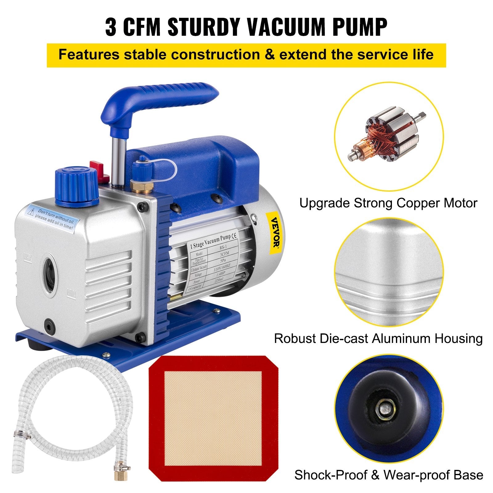 VEVOR 3 CFM Vacuum Pump 1/4 HP with 3 Gallon Stainless Steel Vacuum Degassing Chamber Kit Air Vacuum Pump HVAC Refrigeration Tool 